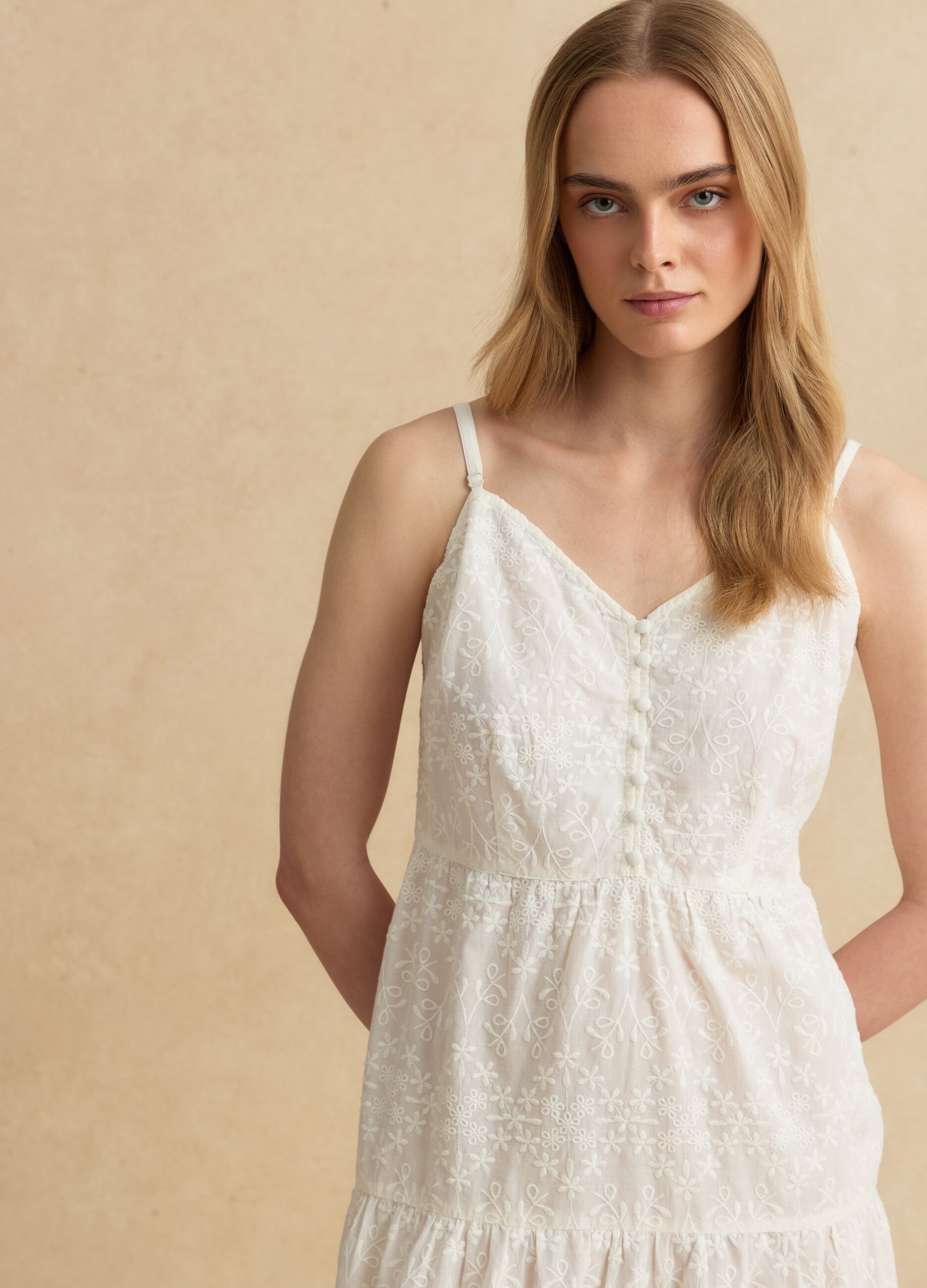 White pure cotton midi dress with embroidery