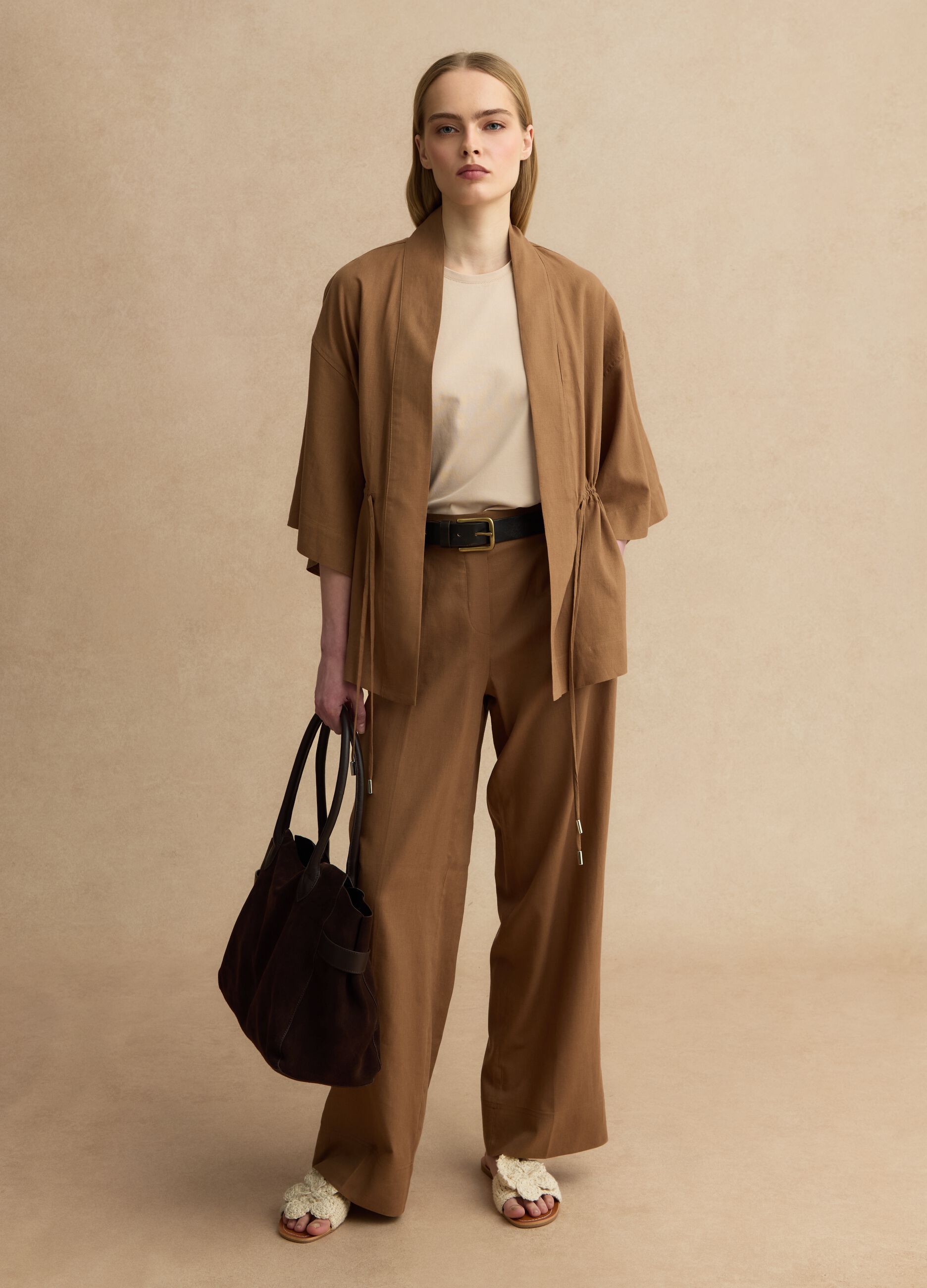 Smeđe &scaron;iroke hlače od mje&scaron;avine lana i viskoze