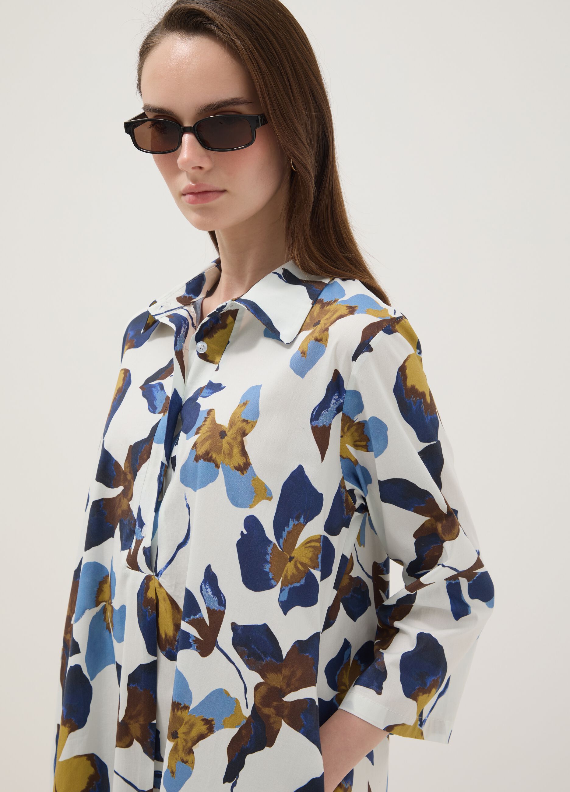 Multicolour floral print oversized stretch cotton dress