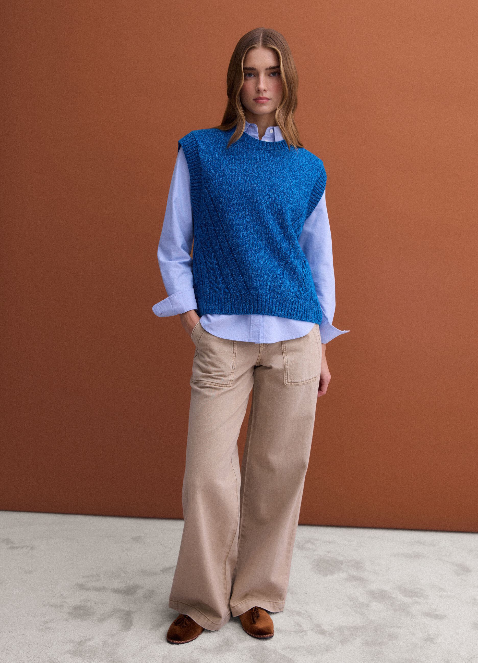 Blue wool-blend crew-neck vest with oversized fit