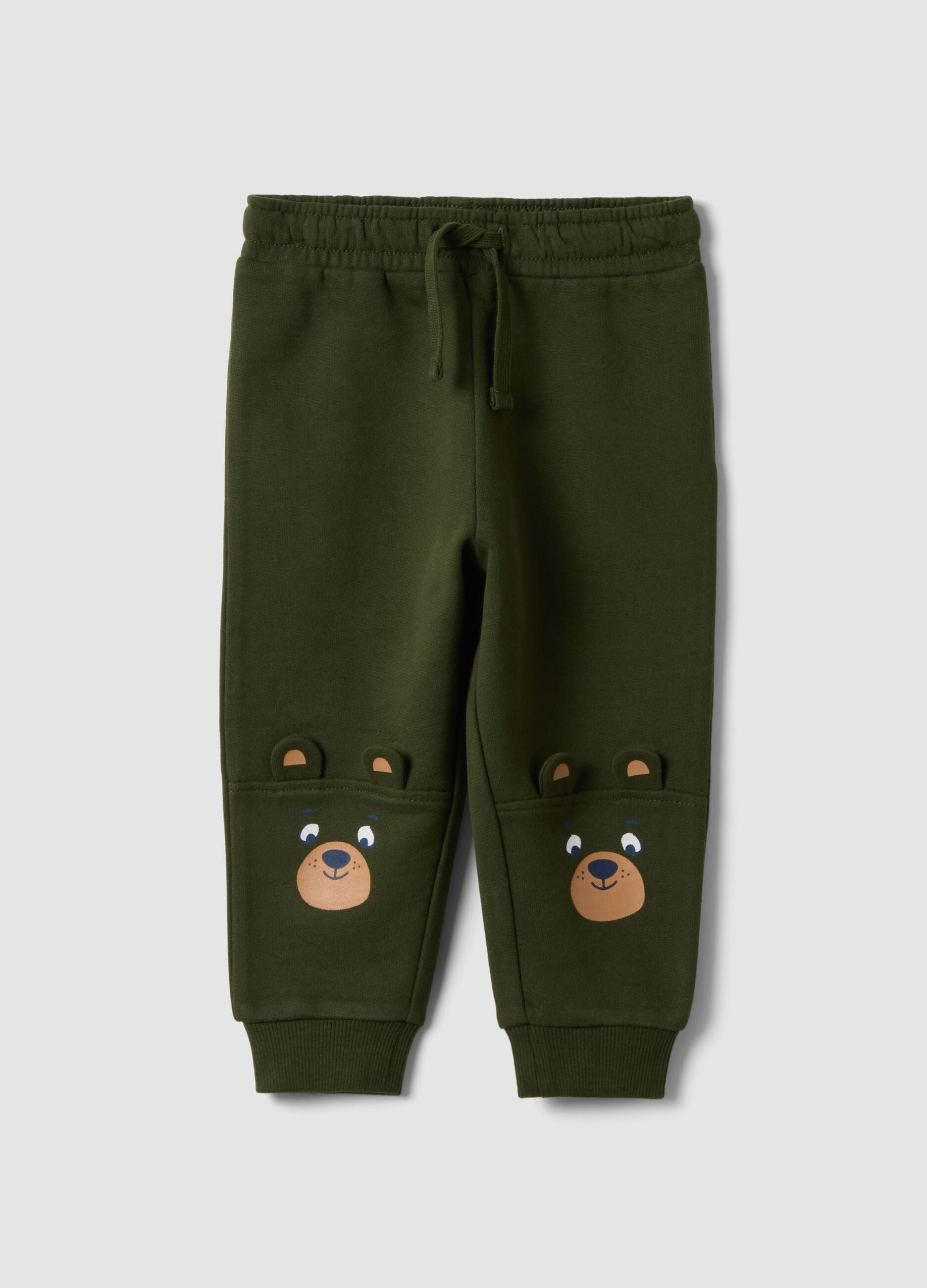 Cal&ccedil;as jogger verdes em algod&atilde;o puro, corte over, com estampado de ursinho