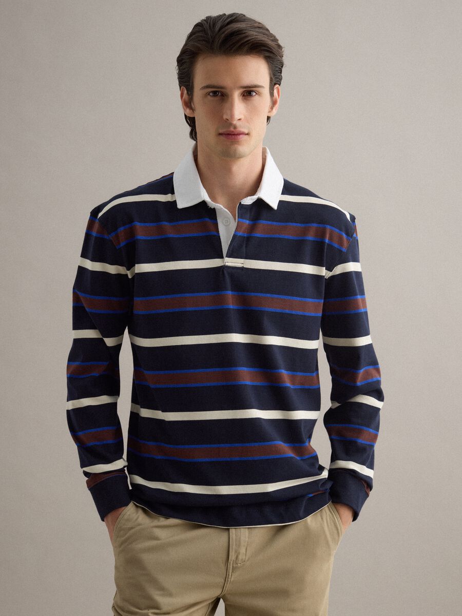 Long sleeve pure cotton polo with multicolour stripes, regular fit_0