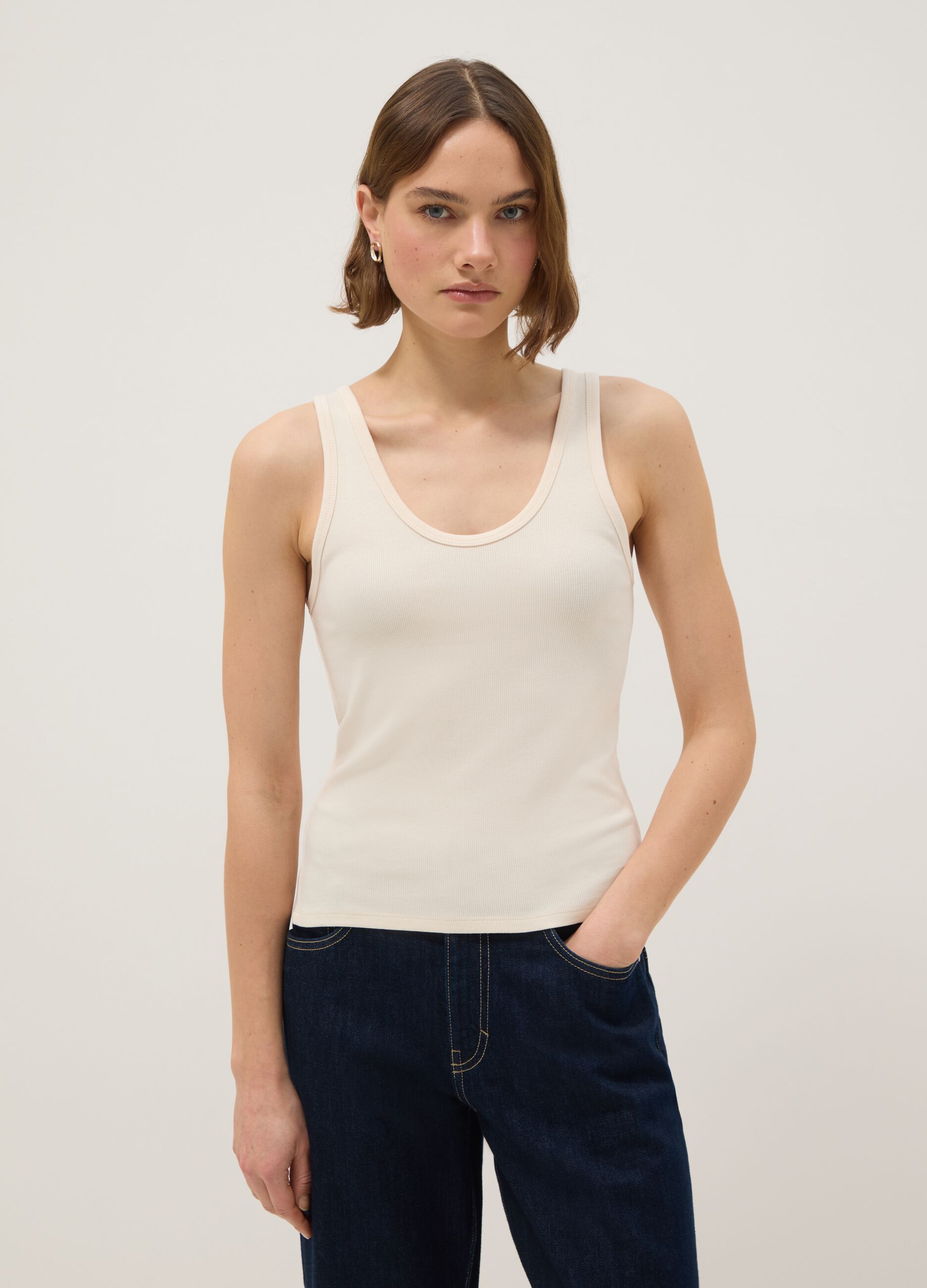 Beige regular fit stretch cotton tank top