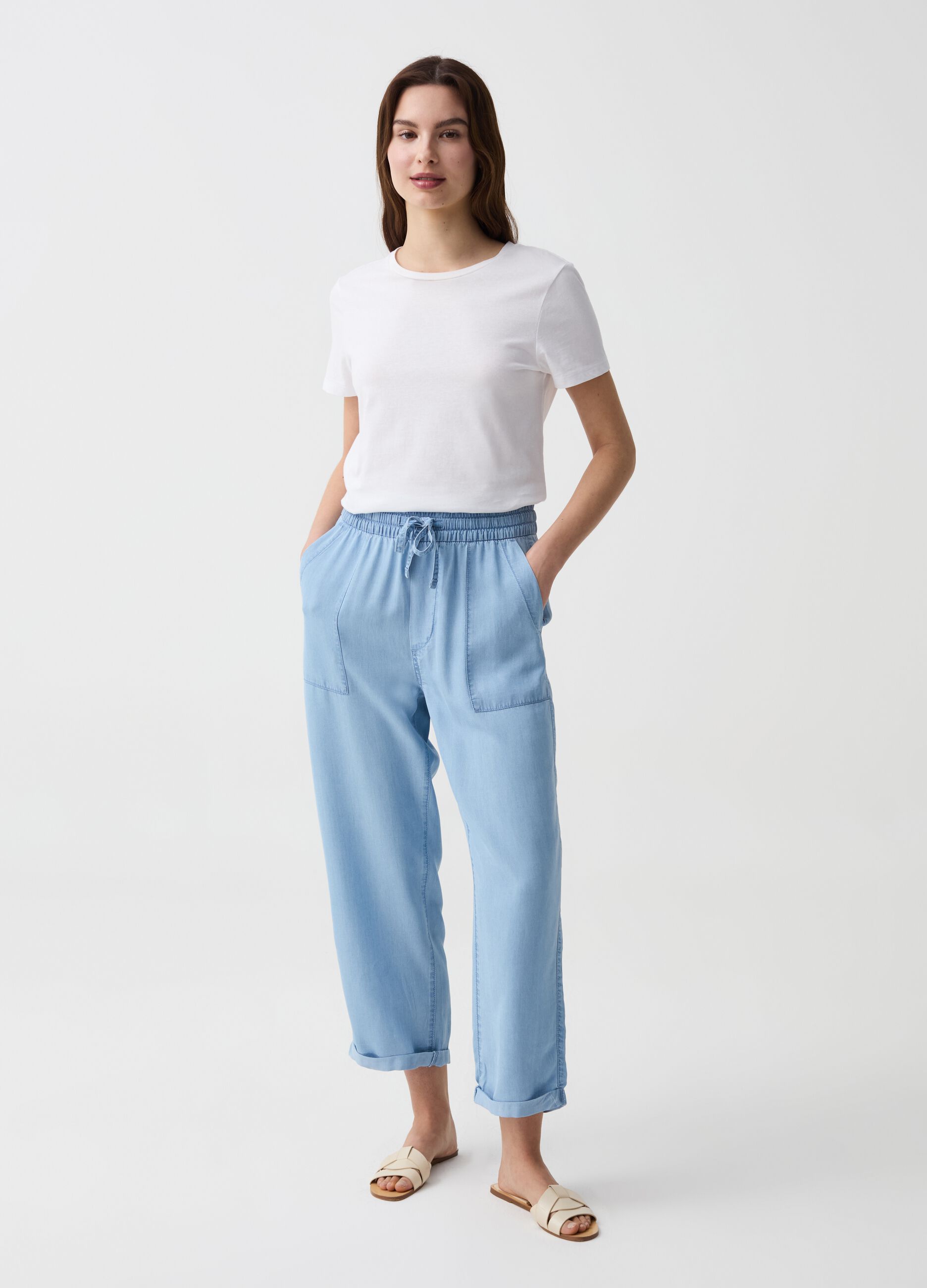 Wide-leg denim-effect joggers with turn-ups