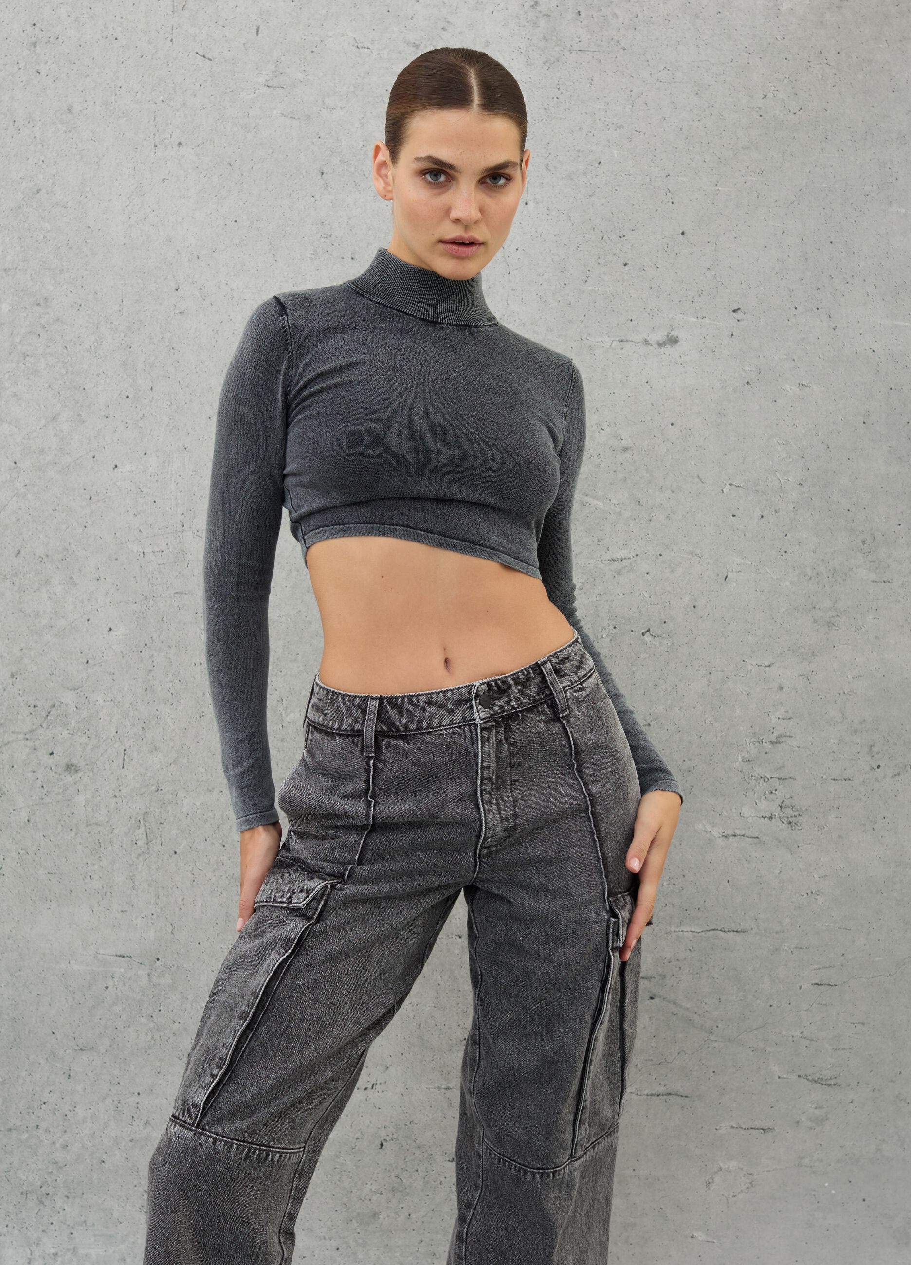 High Neck Knit Top Vintage Grey