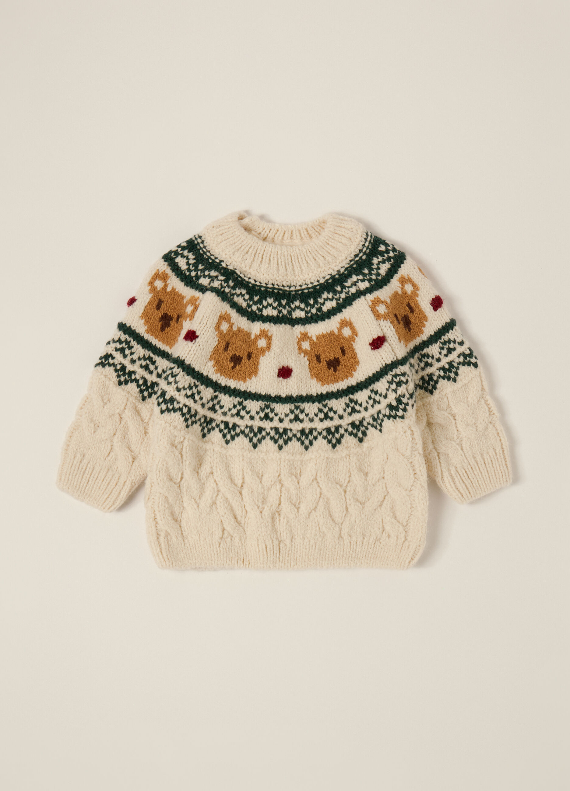 Beige Sweater with Teddy Bear Pattern