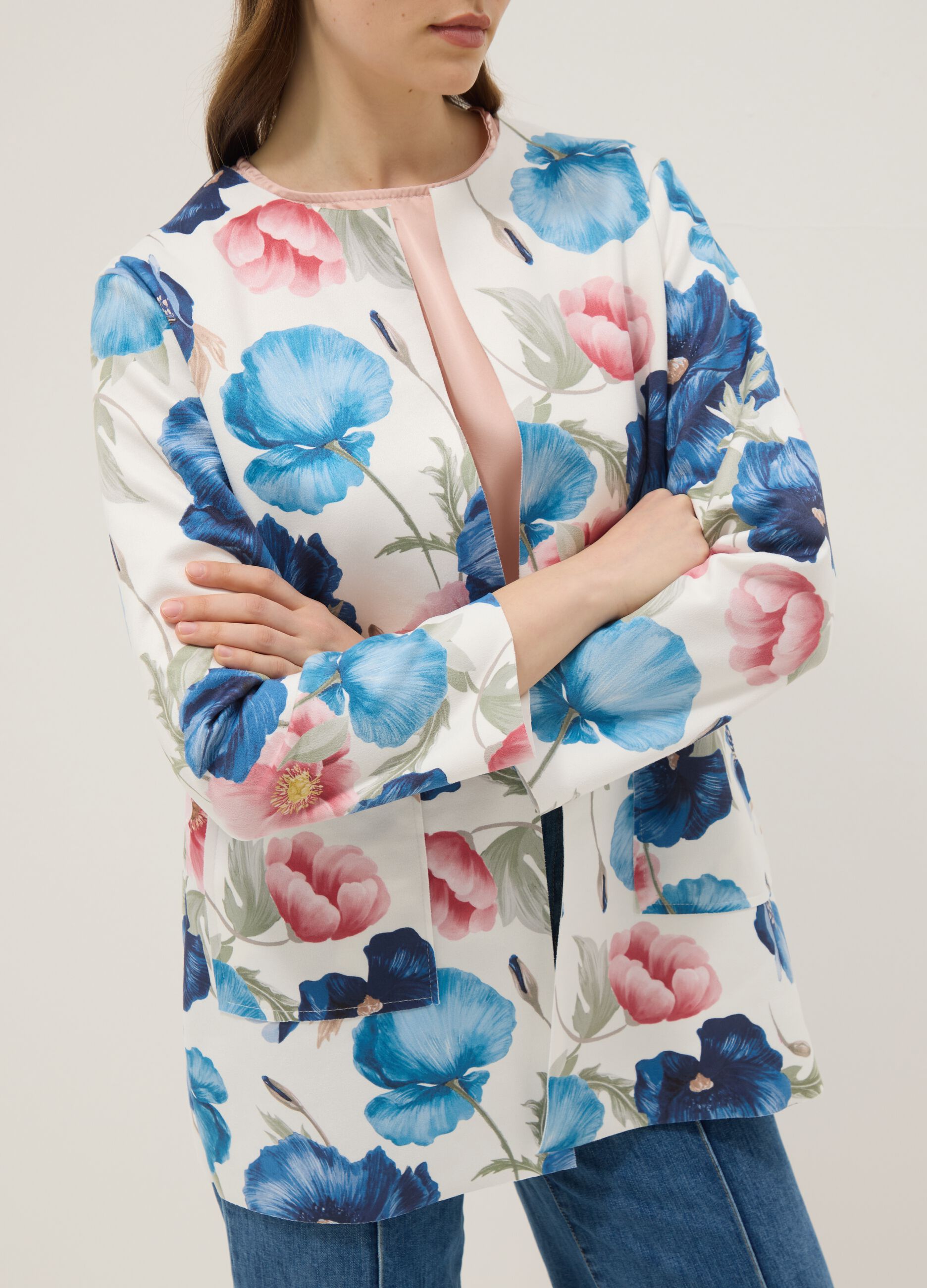 Multicolour collarless floral blazer, regular fit