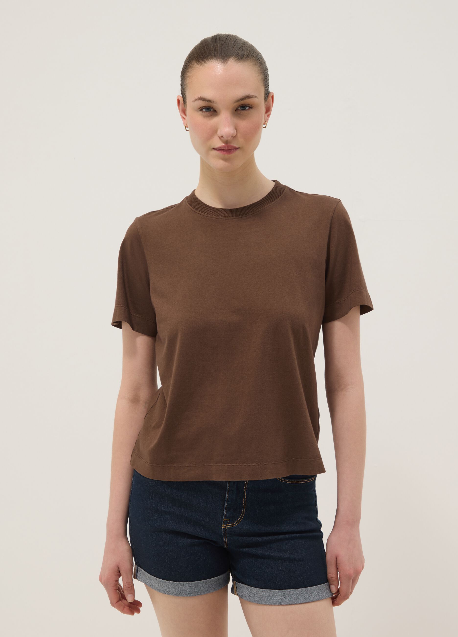 Brown short-sleeve pure cotton T-shirt, regular fit