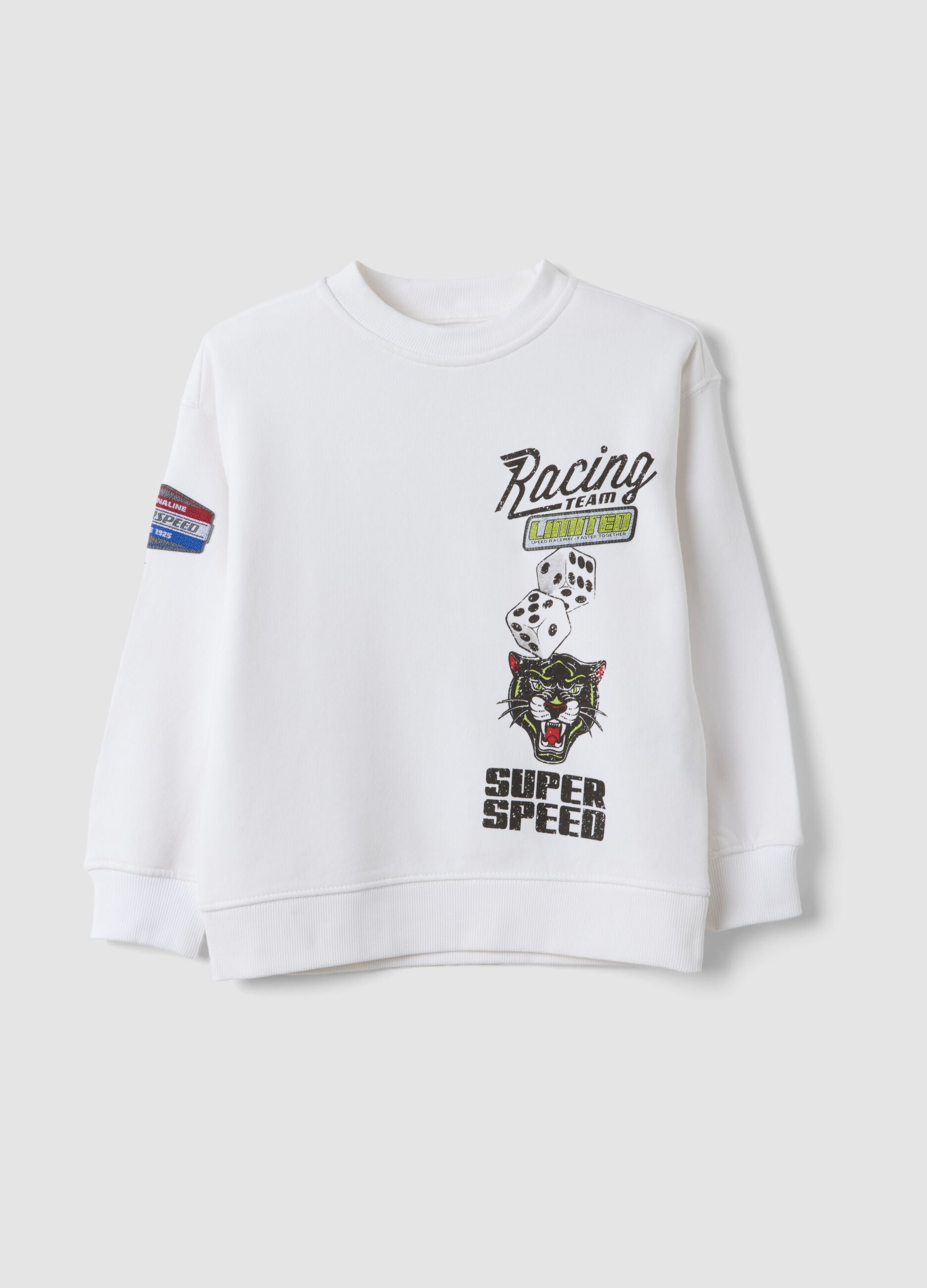 Sweatshirt branca em mistura de algod&atilde;o com gola redonda e estampado racing para menino