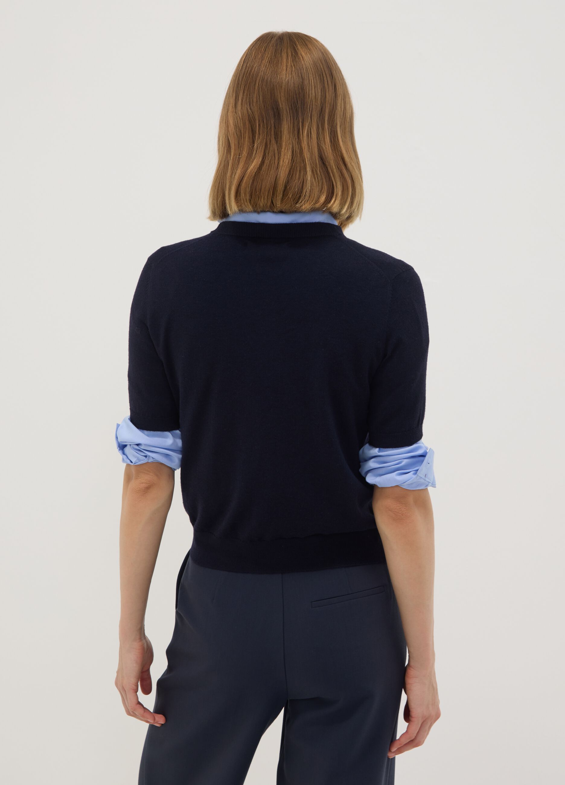 Navy wool-blend crew-neck short-sleeve jumper, regular fit