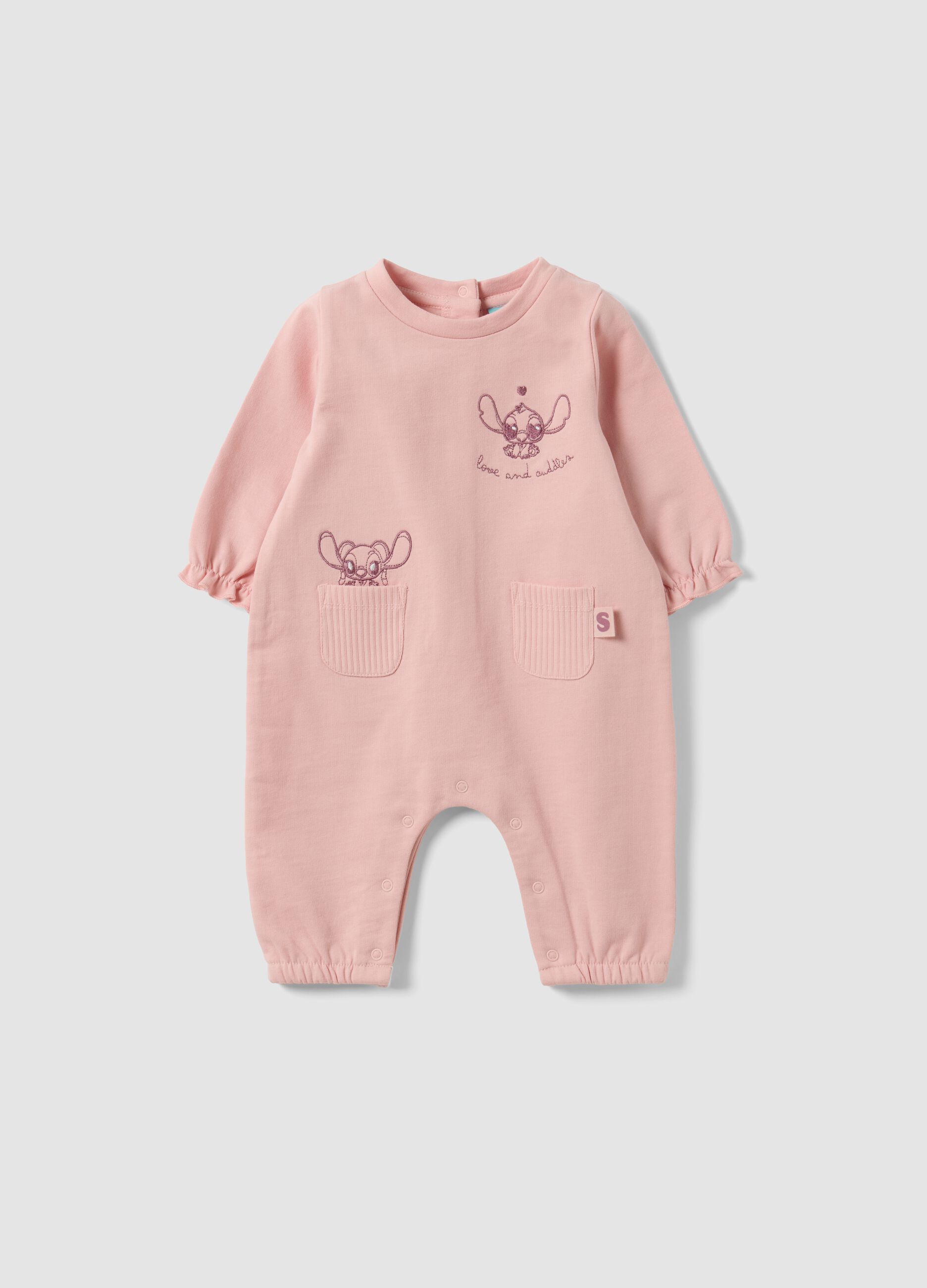 Pink organic cotton baby girl sleepsuit with Stitch print