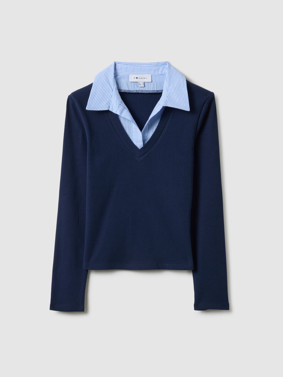 Blue stretch cotton regular fit T-shirt with contrast collar_4