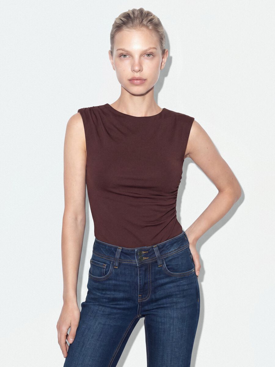 Brown stretch bodysuit with ruching, regular fit_0