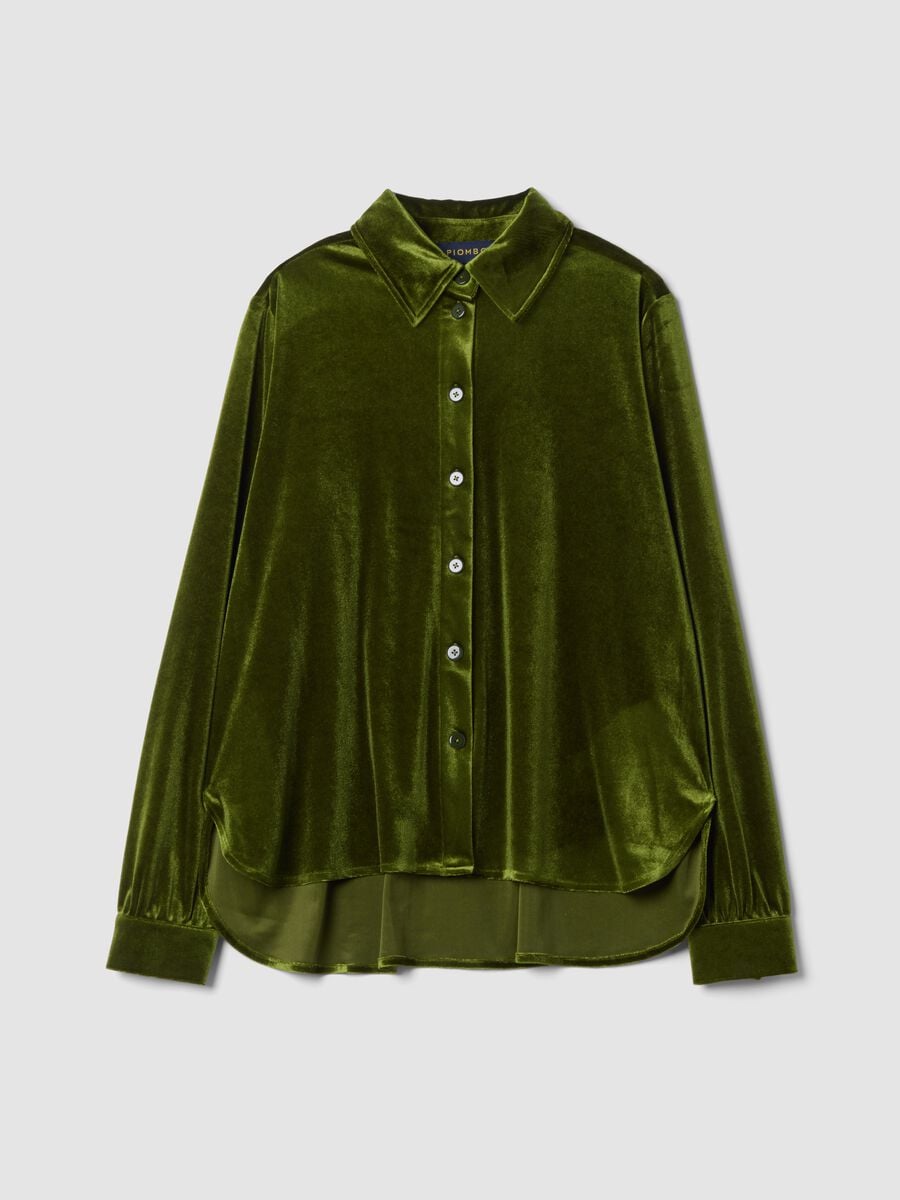 Green regular-fit stretch shirt with velvet-effect finish_0