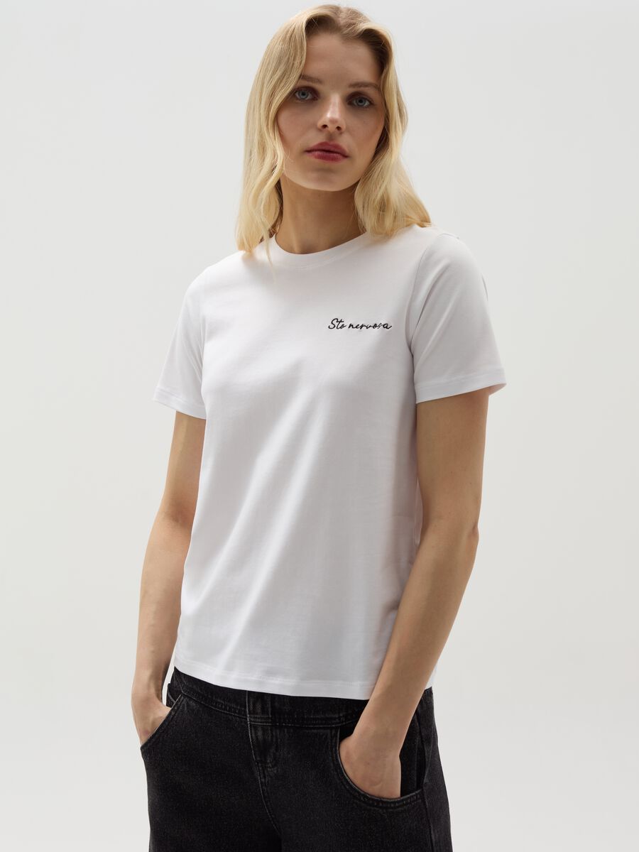 Stretch cotton T-shirt with embroidery_1
