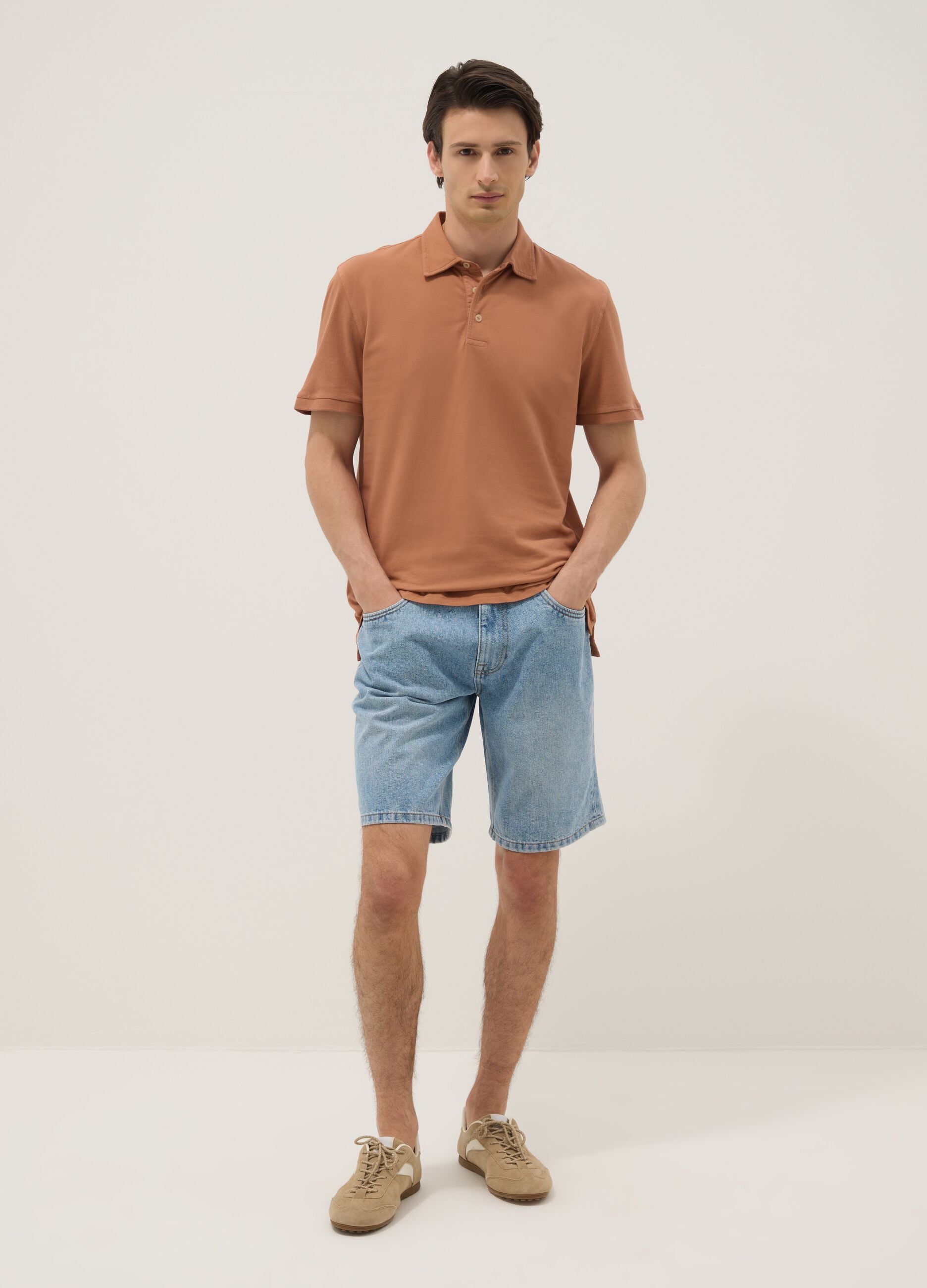 Brown pure cotton slim-fit short-sleeve polo shirt