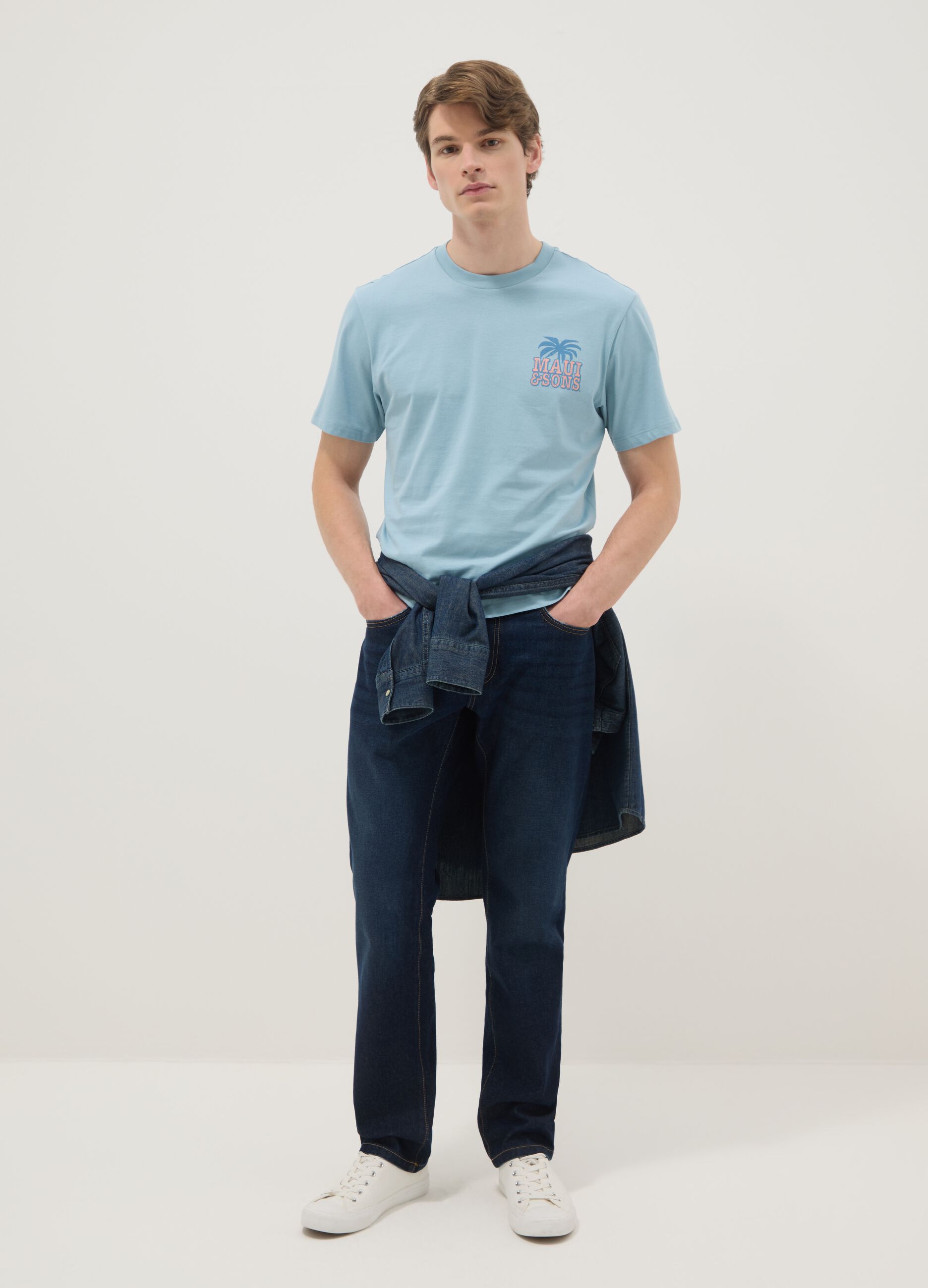 Blue short-sleeve pure cotton T-shirt with print, relaxed fit