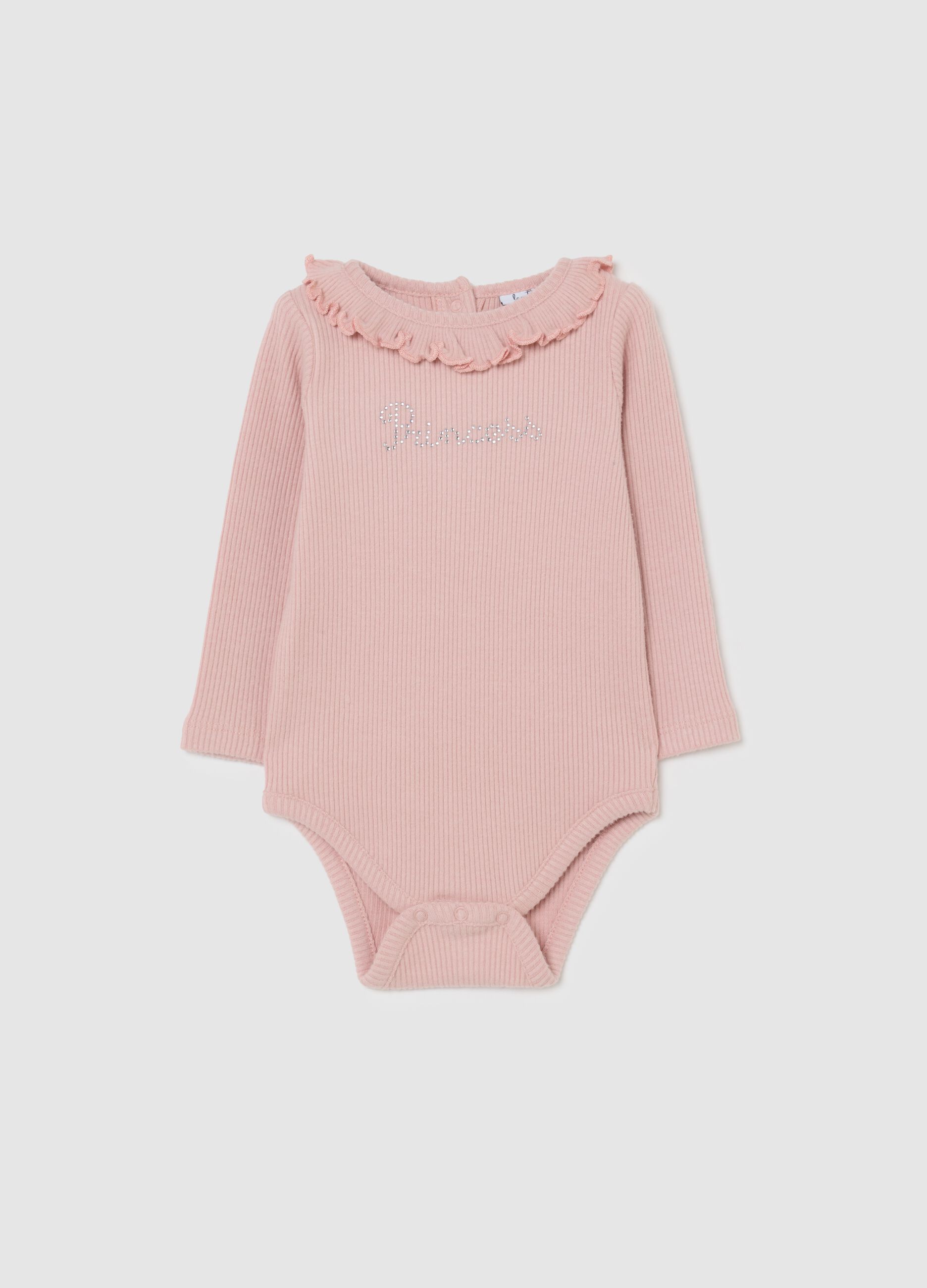 Pink cotton blend baby bodysuit with ruffled collar and long sleeves