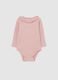 Pink cotton blend baby bodysuit with ruffled collar and long sleeves_0