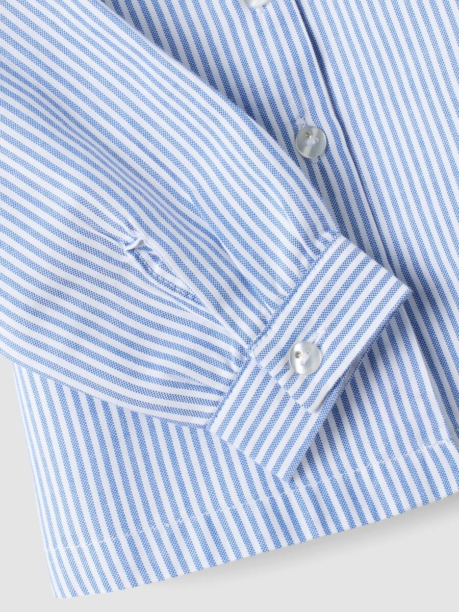Blue striped pure cotton shirt with ruffle collar for baby girls_3