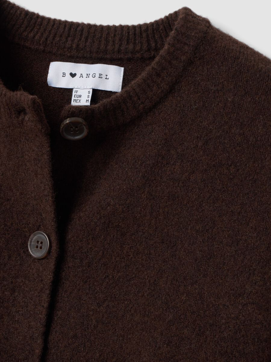 Cardigan marrone in tessuto elasticizzato con girocollo over fit_1