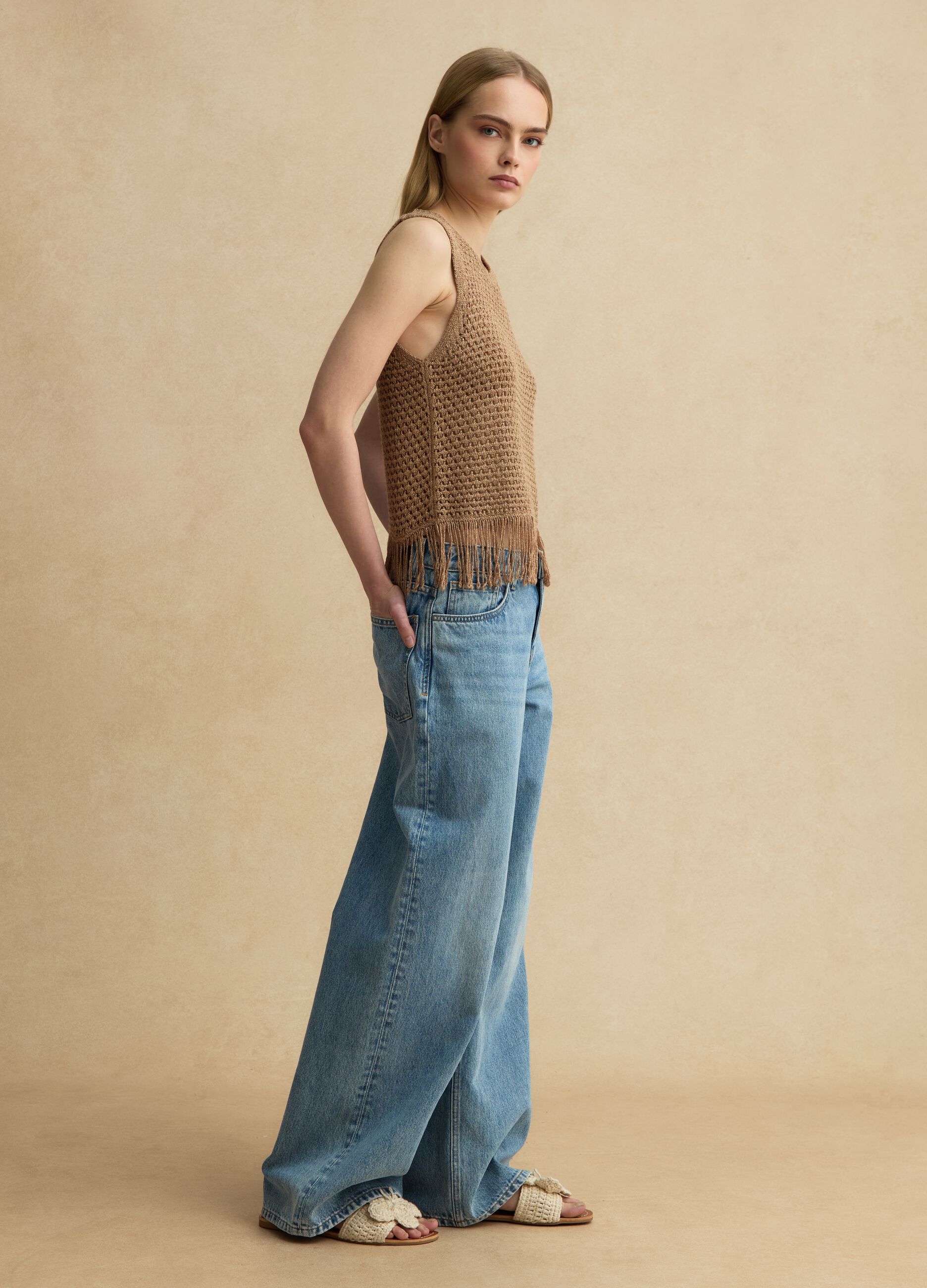 Brown viscose-blend mesh tank top with fringe