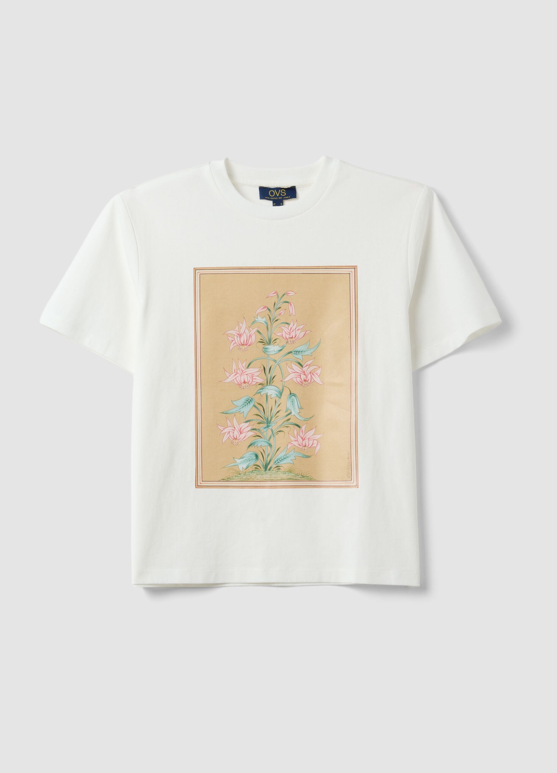White pure cotton T-shirt with floral print