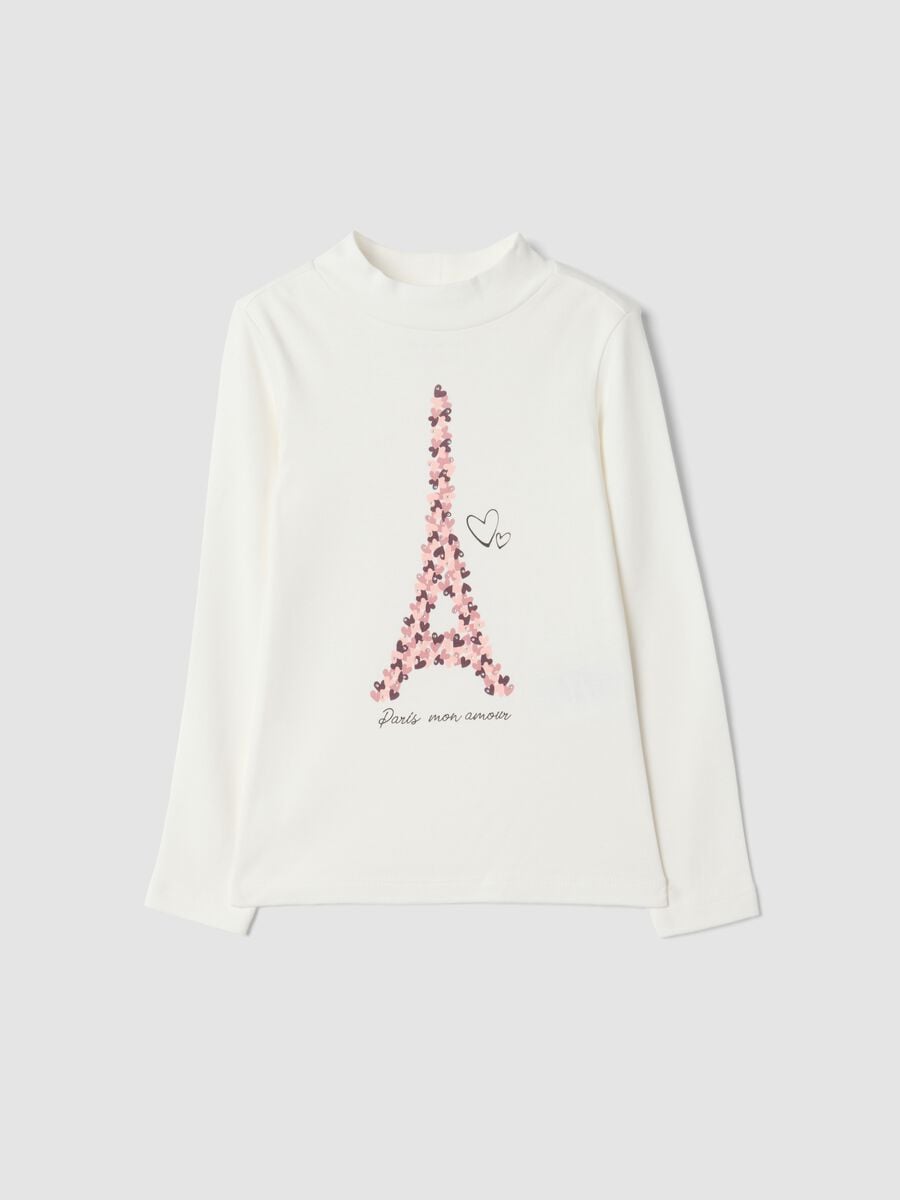 T-shirt bianca con collo rialzato in puro cotone organico con stampa_0
