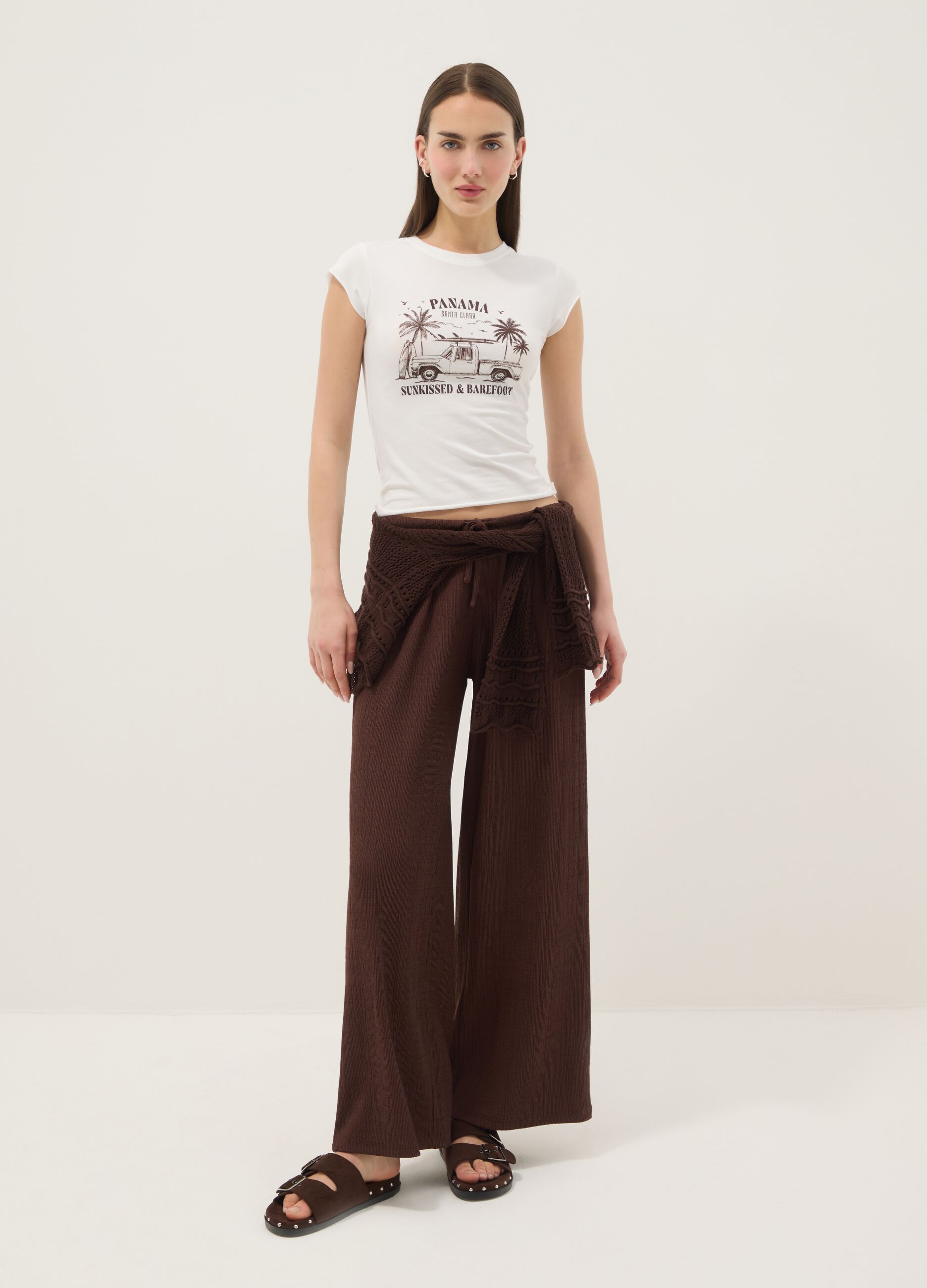 Wei&szlig;es, figurbetontes T-Shirt aus Stretch-Baumwolle mit Print