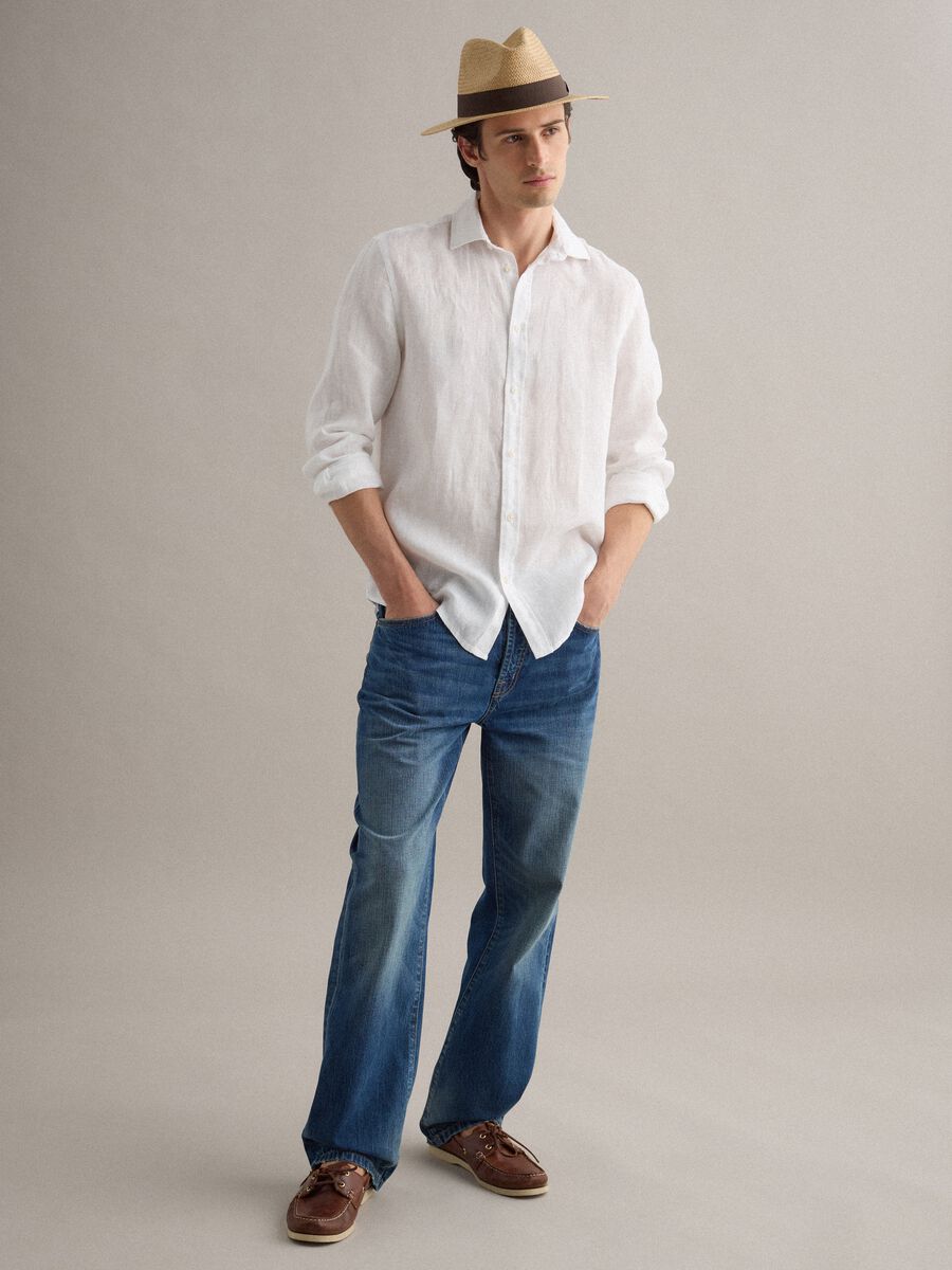 Blue Regular Fit Cotton Denim and Linen Blend Jeans_1