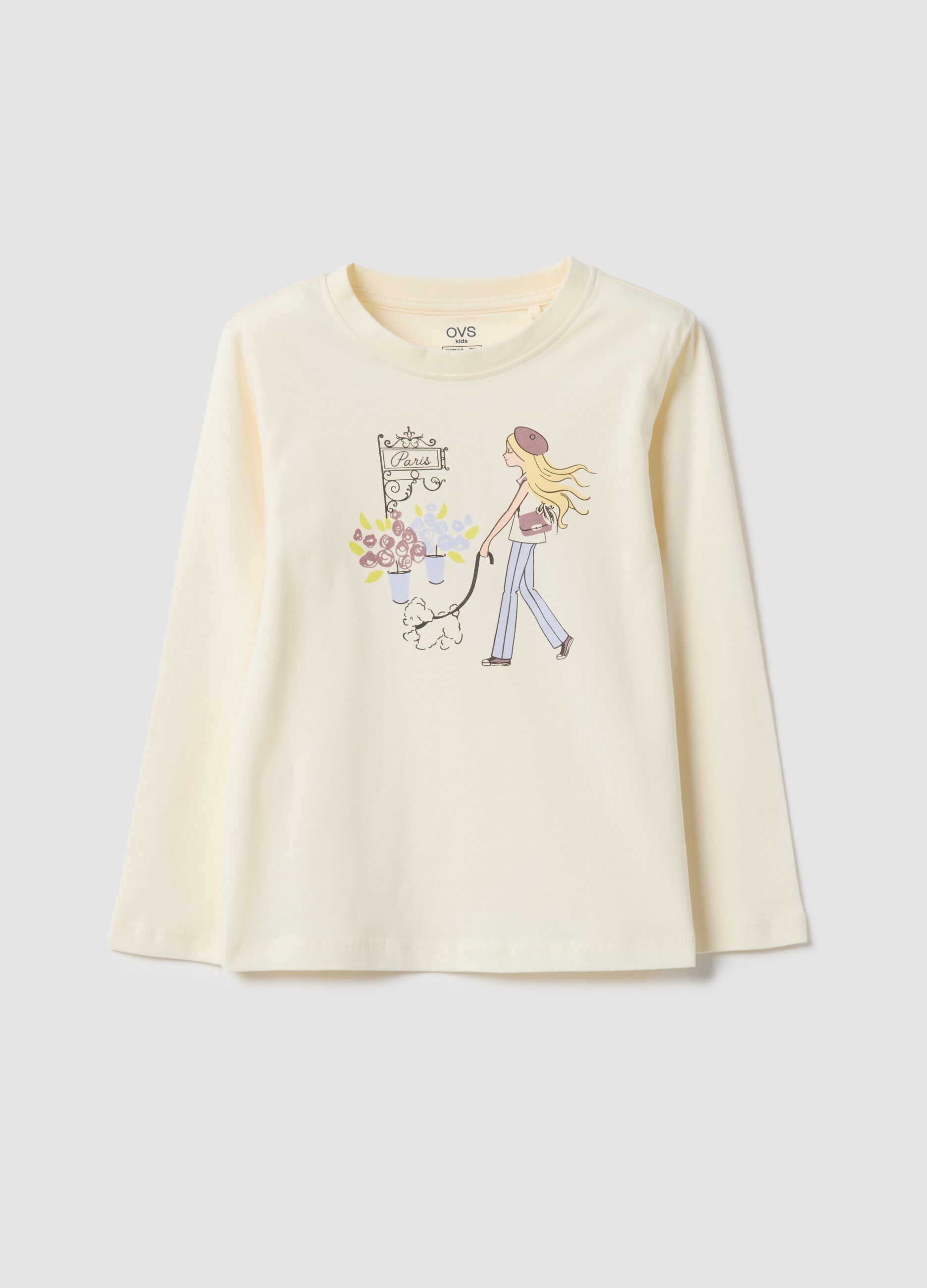 T-shirt regular fit em algod&atilde;o puro bege com estampado para menina