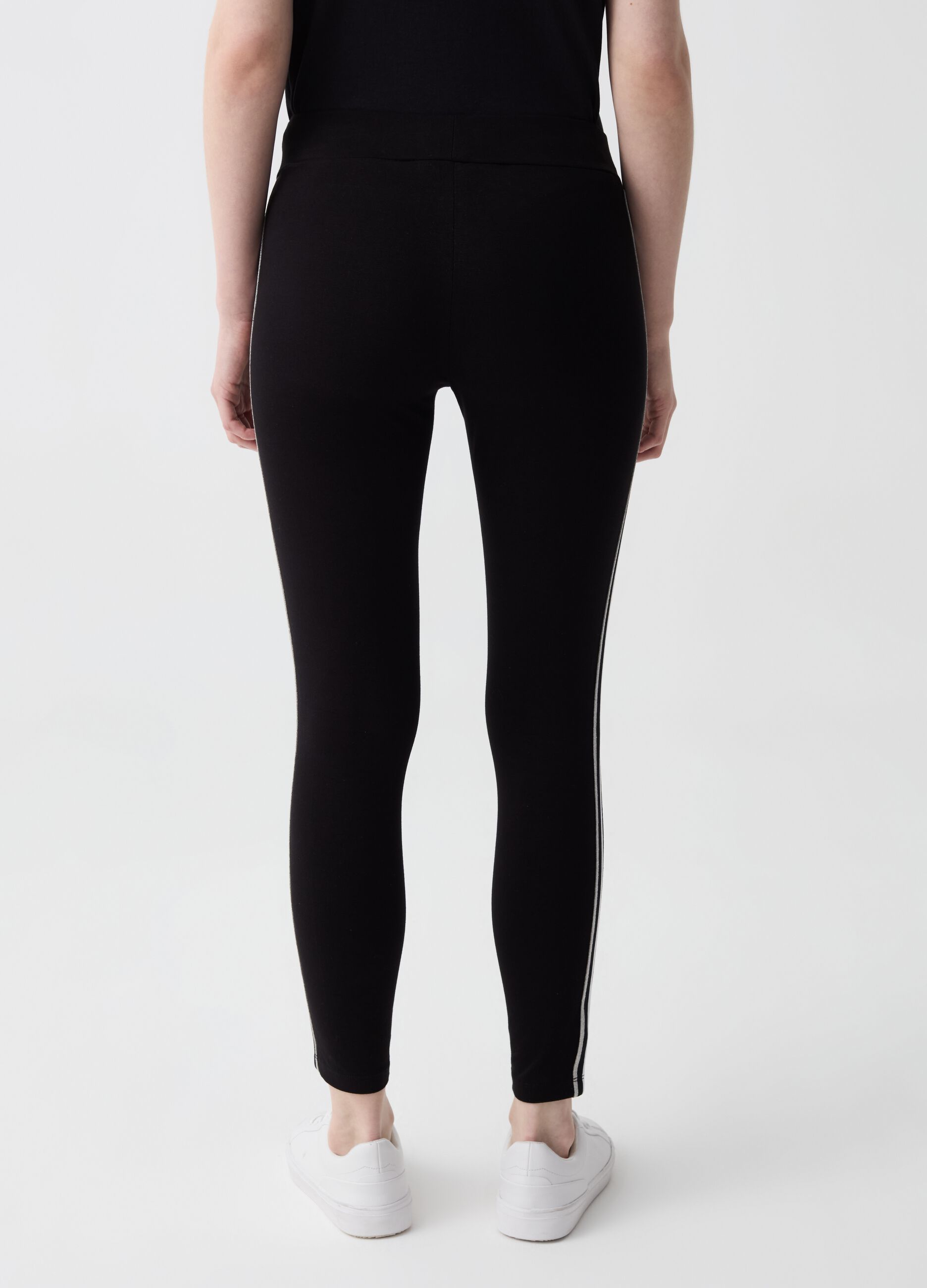 Leggings with striped bands and logo print