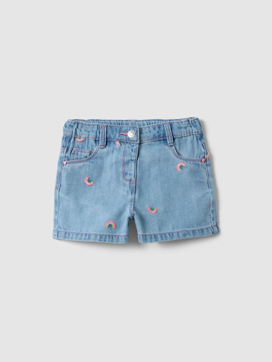 Blue denim cotton blend shorts for girls, regular fit, with embroidery_0