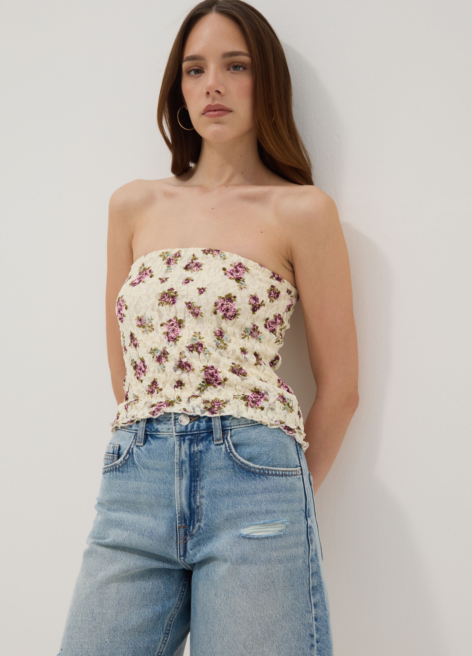 Short beige floral stretch top