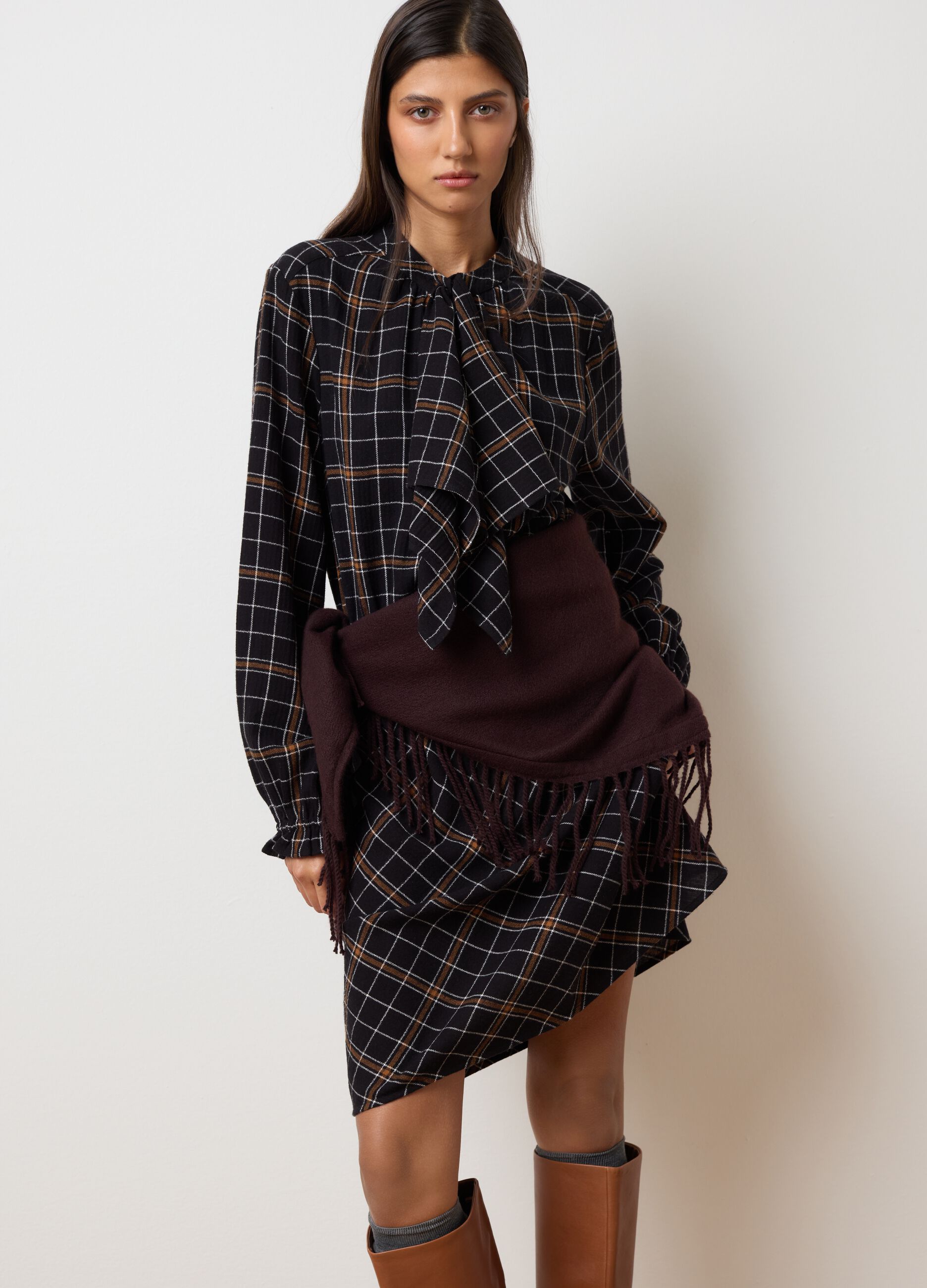 Black regular fit pure cotton and flannel dress