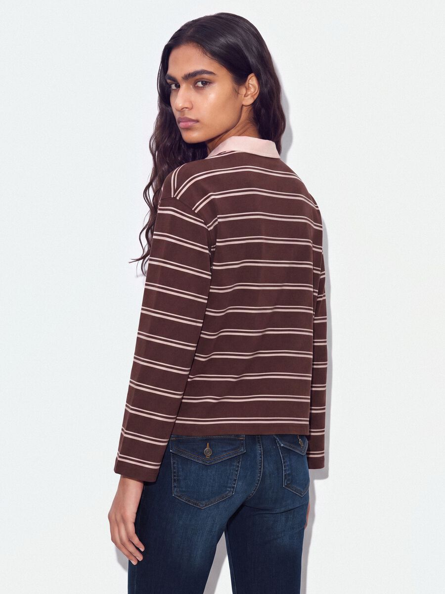 Brown striped long-sleeve pure cotton polo shirt, regular fit_0