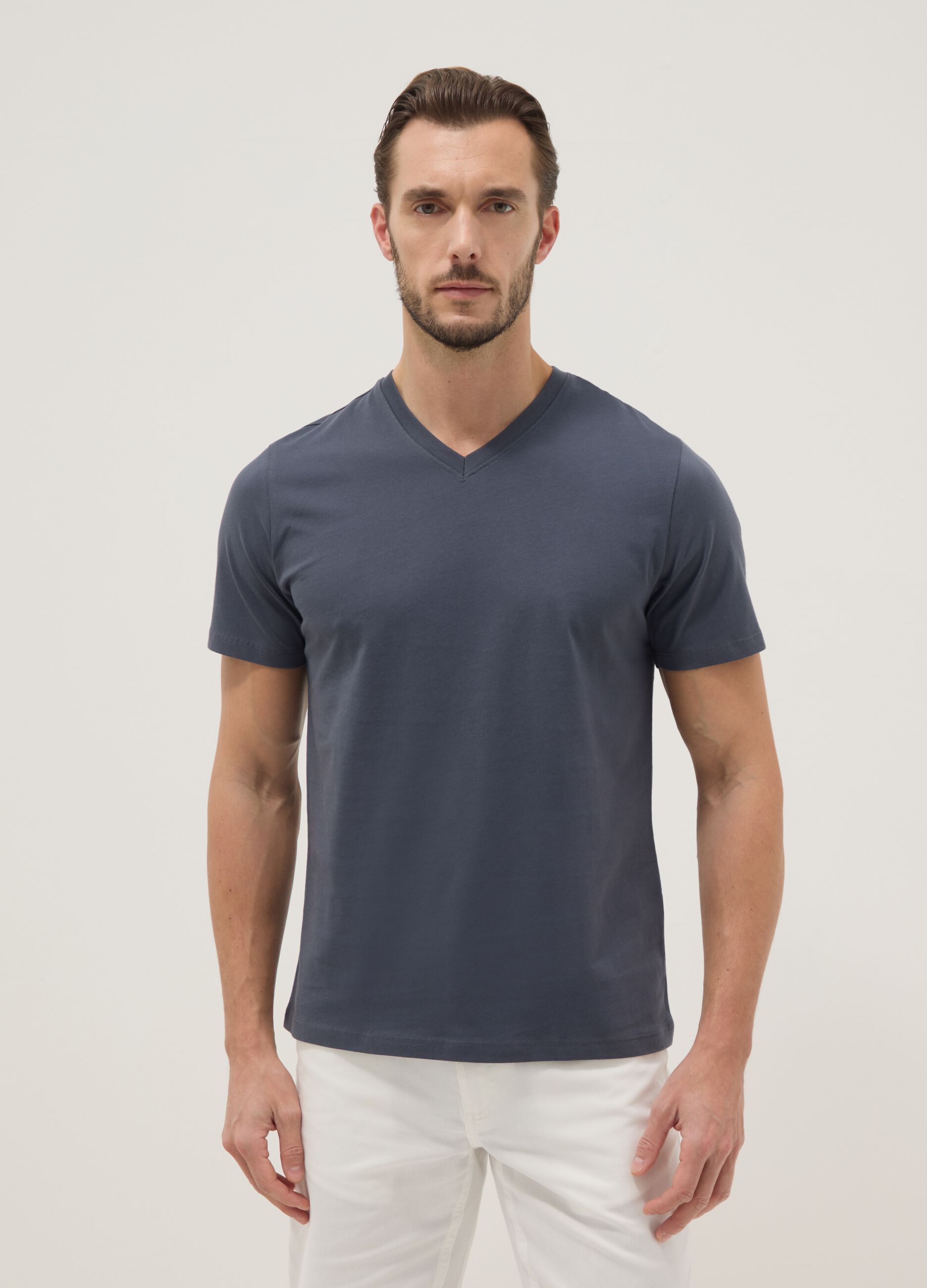 Blue pure cotton regular fit V-neck T-shirt