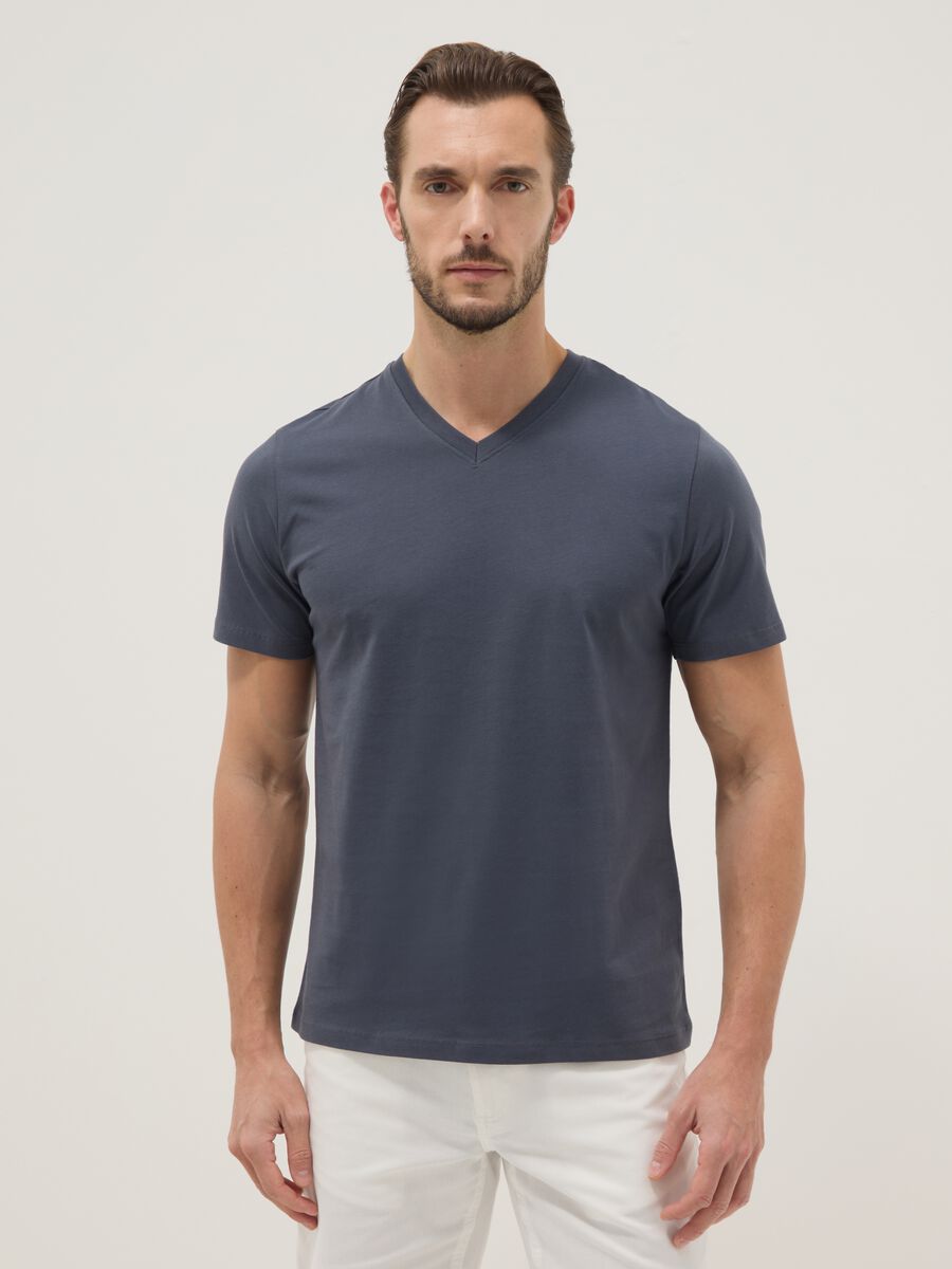 Blue pure cotton regular fit V-neck T-shirt_1