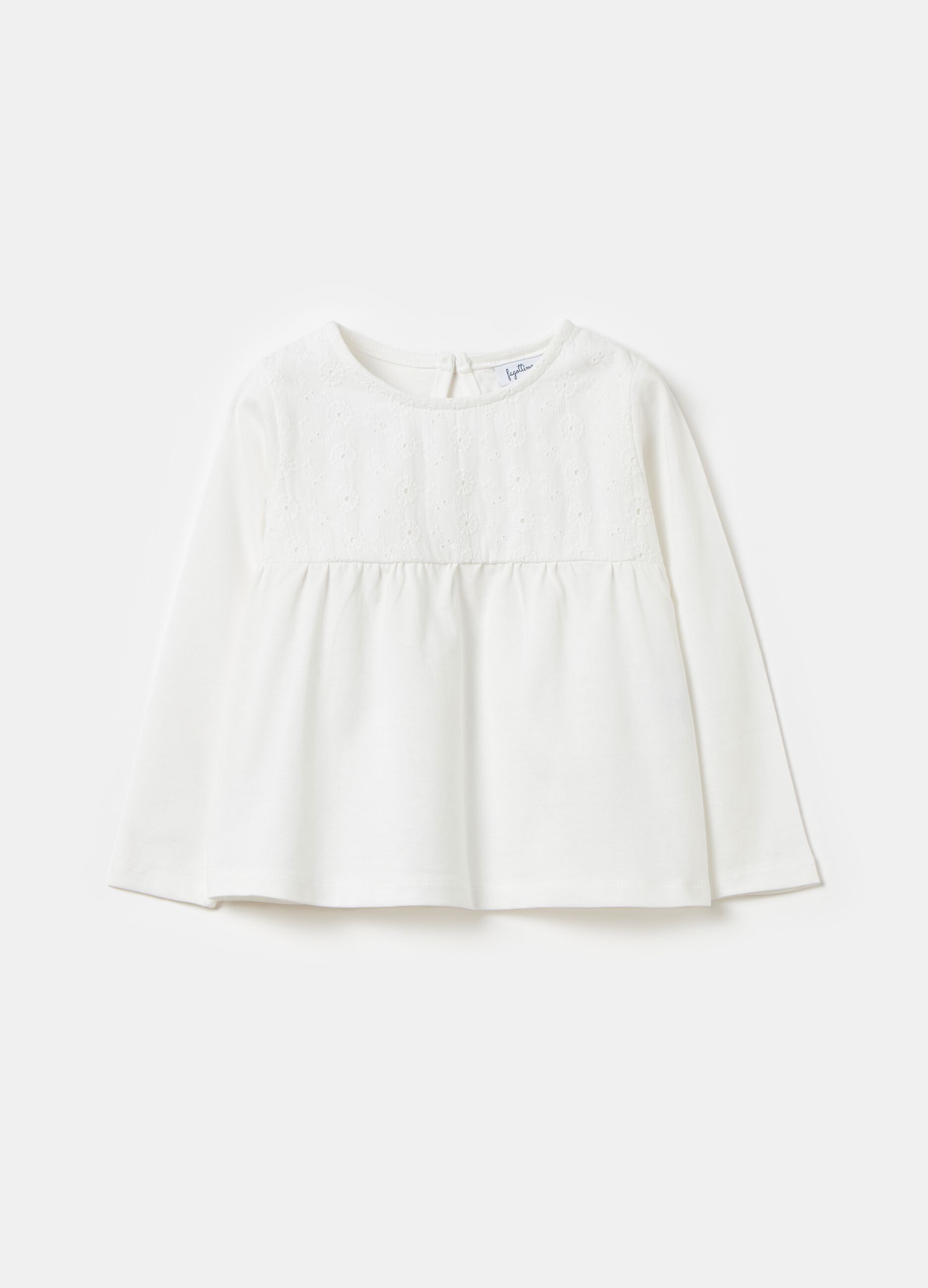 Long-sleeved T-shirt with broderie anglaise
