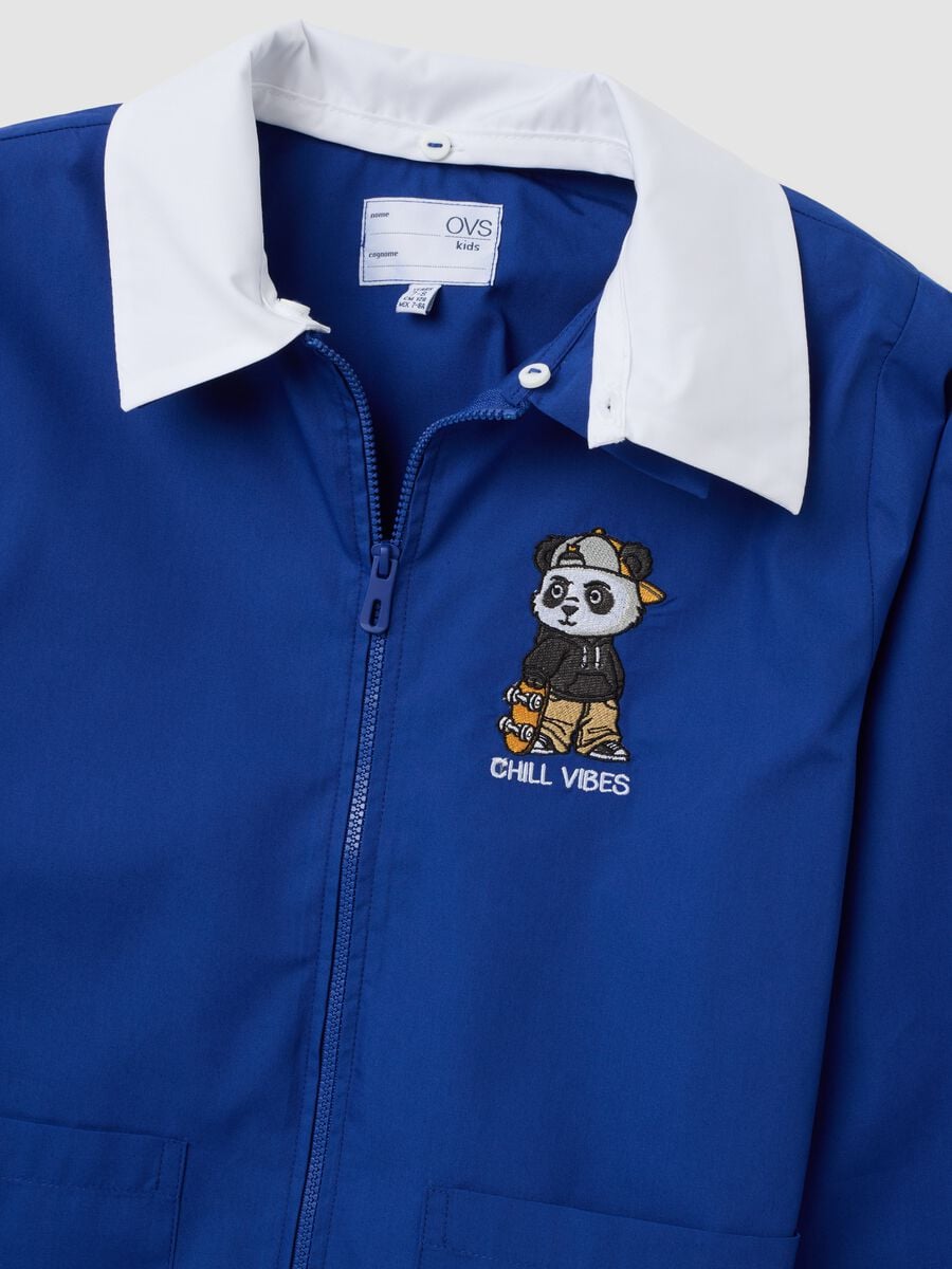 Blue school smock with zip and panda embroidery for boys_2