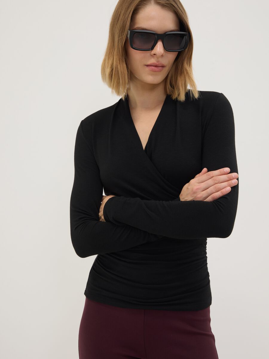 Black viscose, silk and stretch wool crew-neck T-shirt, regular fit_0