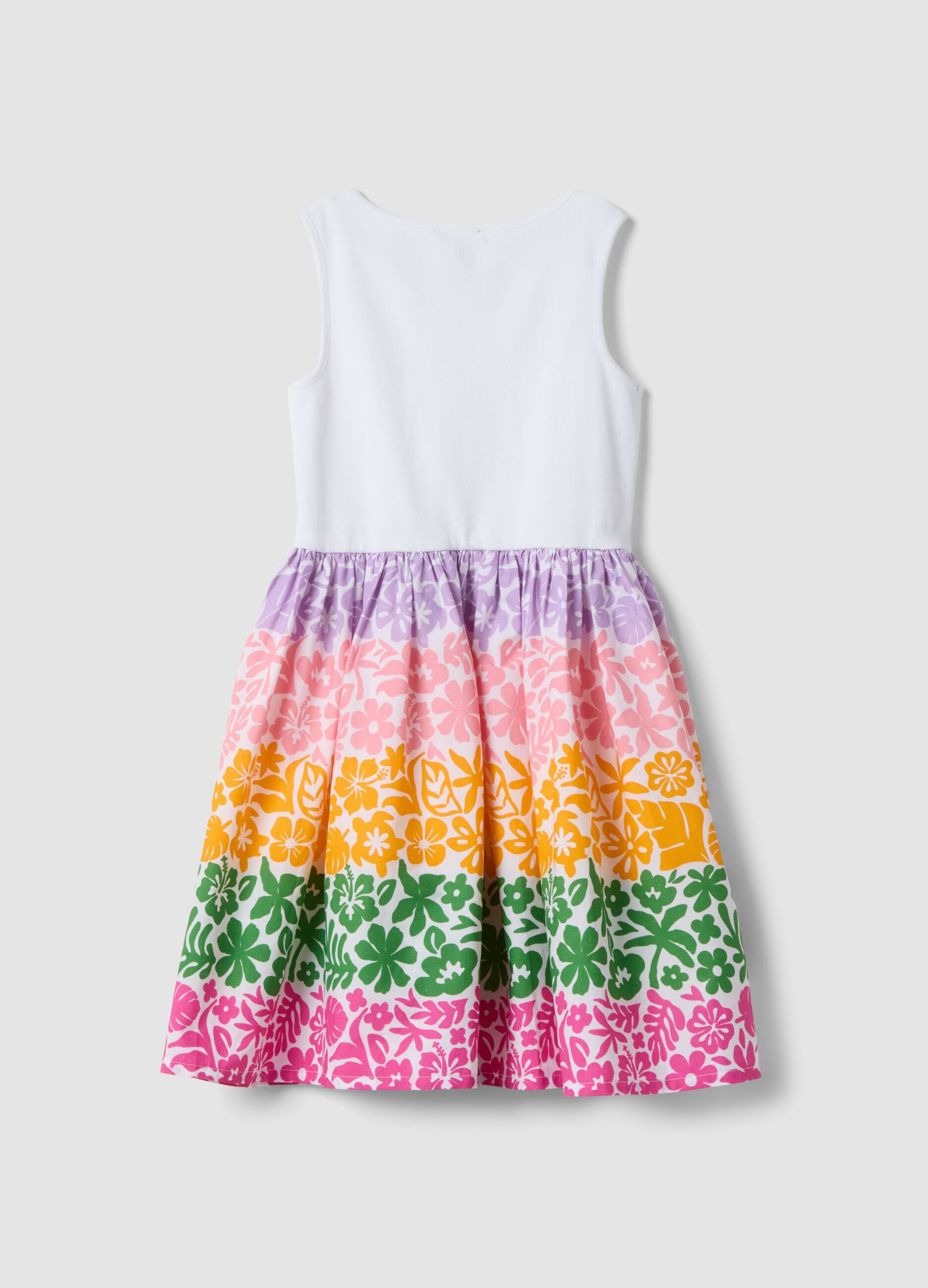 White stretch cotton dress with patterned skirt