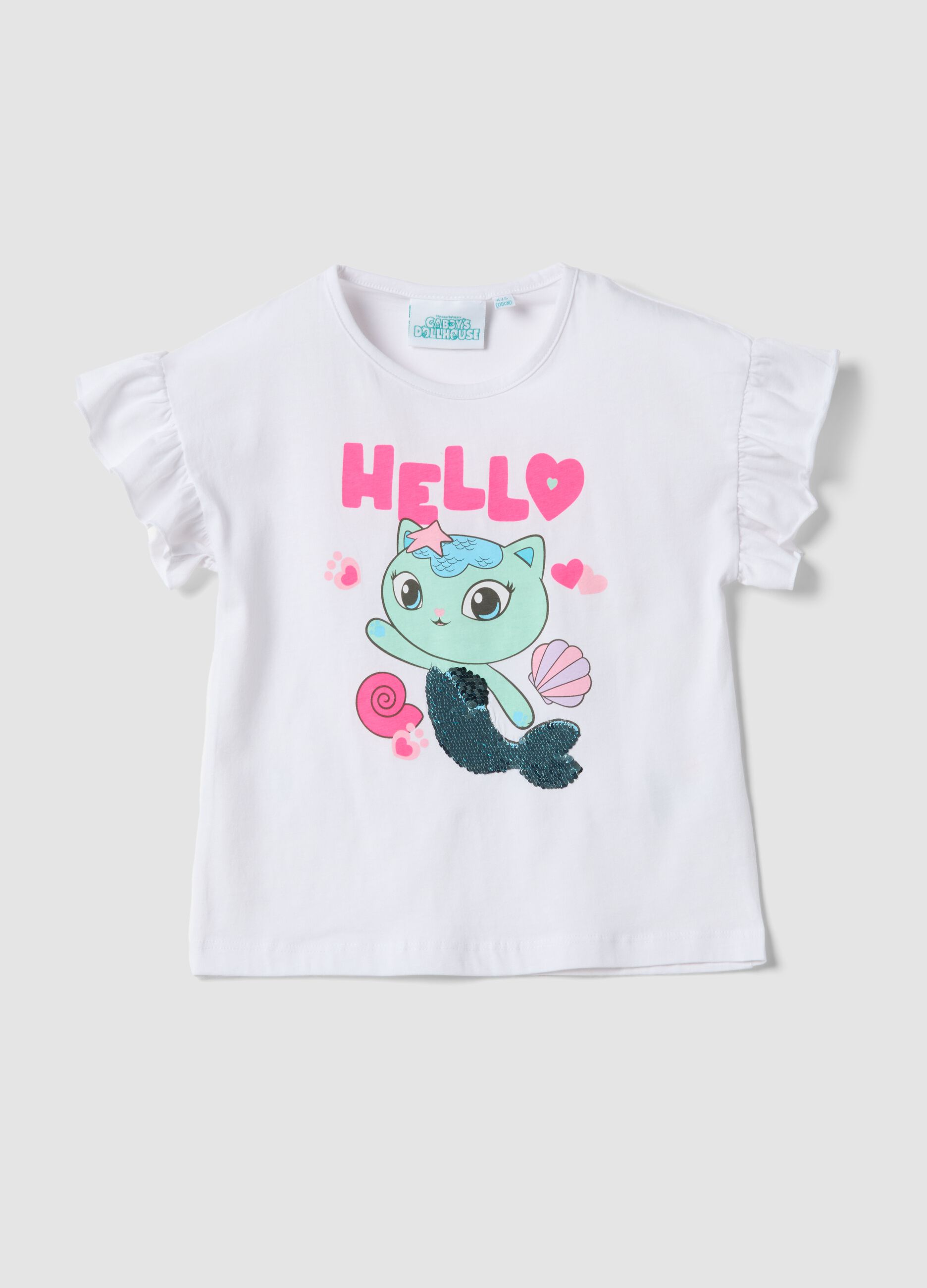 Girls' White Stretch Cotton T-Shirt with Print