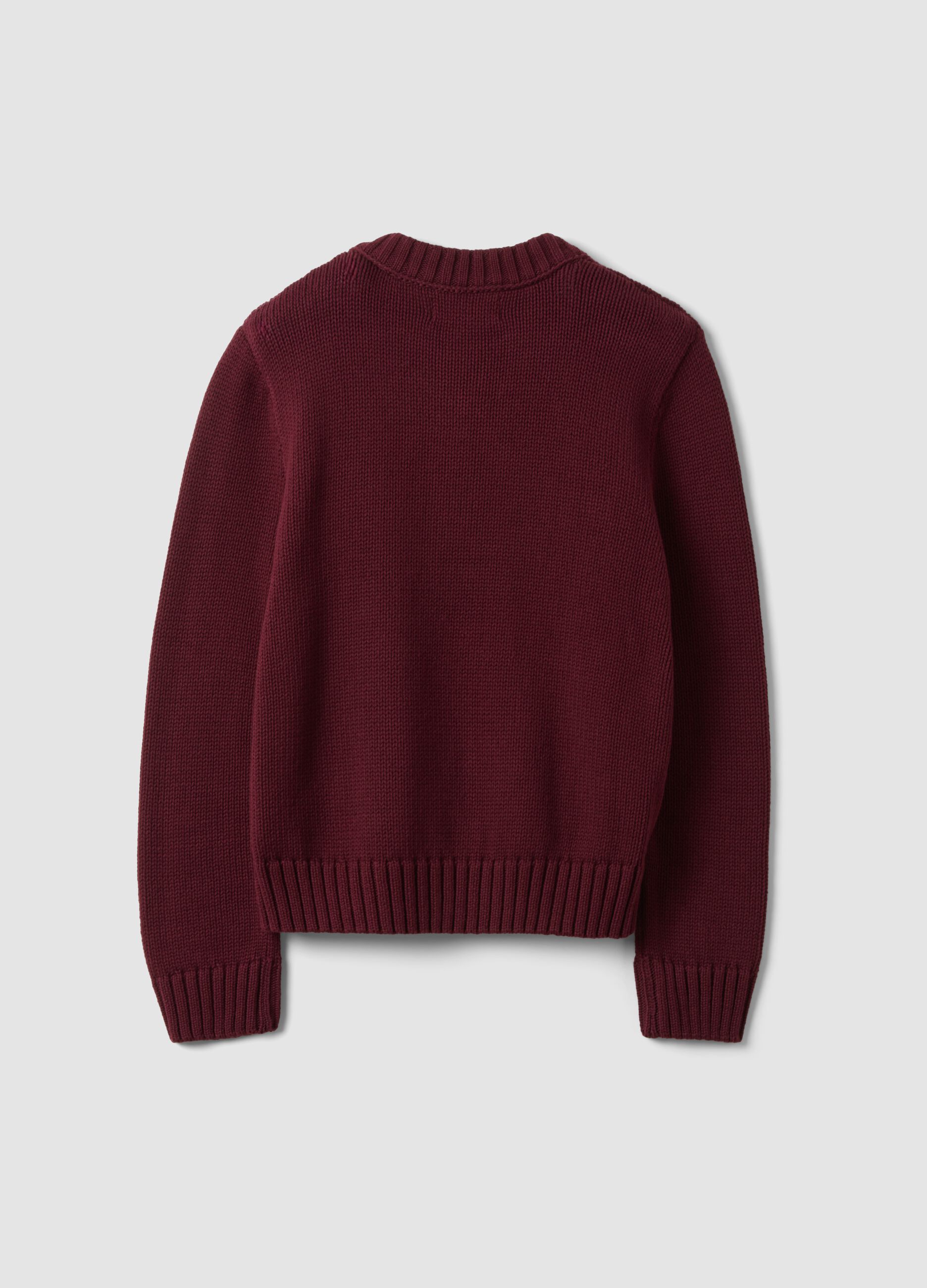 Burgundy pure cotton crew-neck cardigan with buttons, regular fit