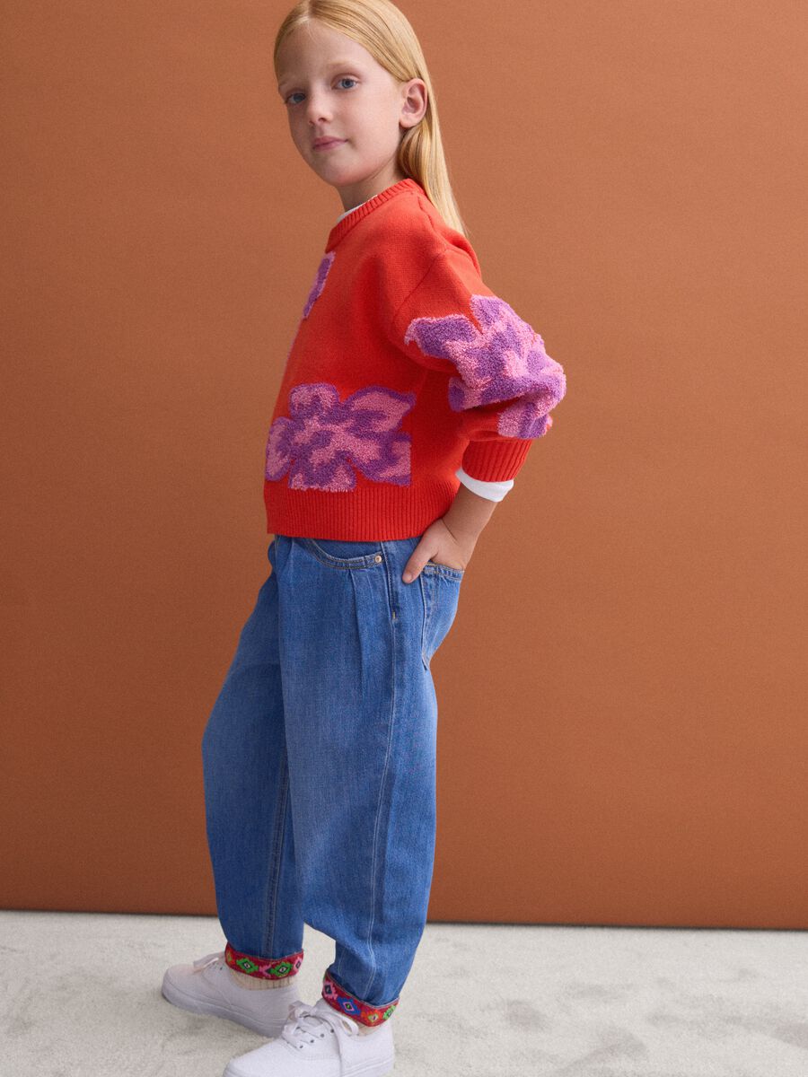 Girls&rsquo; blue baggy pure cotton jeans with embroidered turn-up hem_0