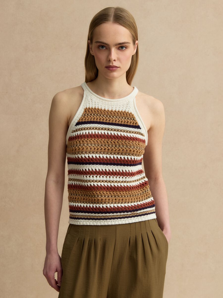 Fitted-Top mit mehrfarbigen Streifen aus Baumwollmix in Strickoptik_2