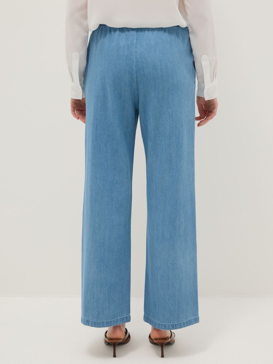 Blue wide leg denim trousers in pure cotton with elastic waistband_2