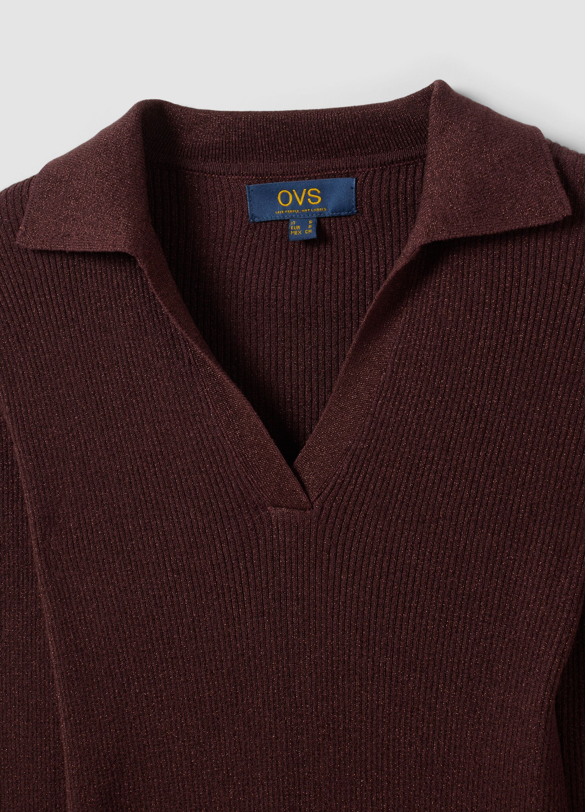 Brown ribbed viscose-blend polo-collar top