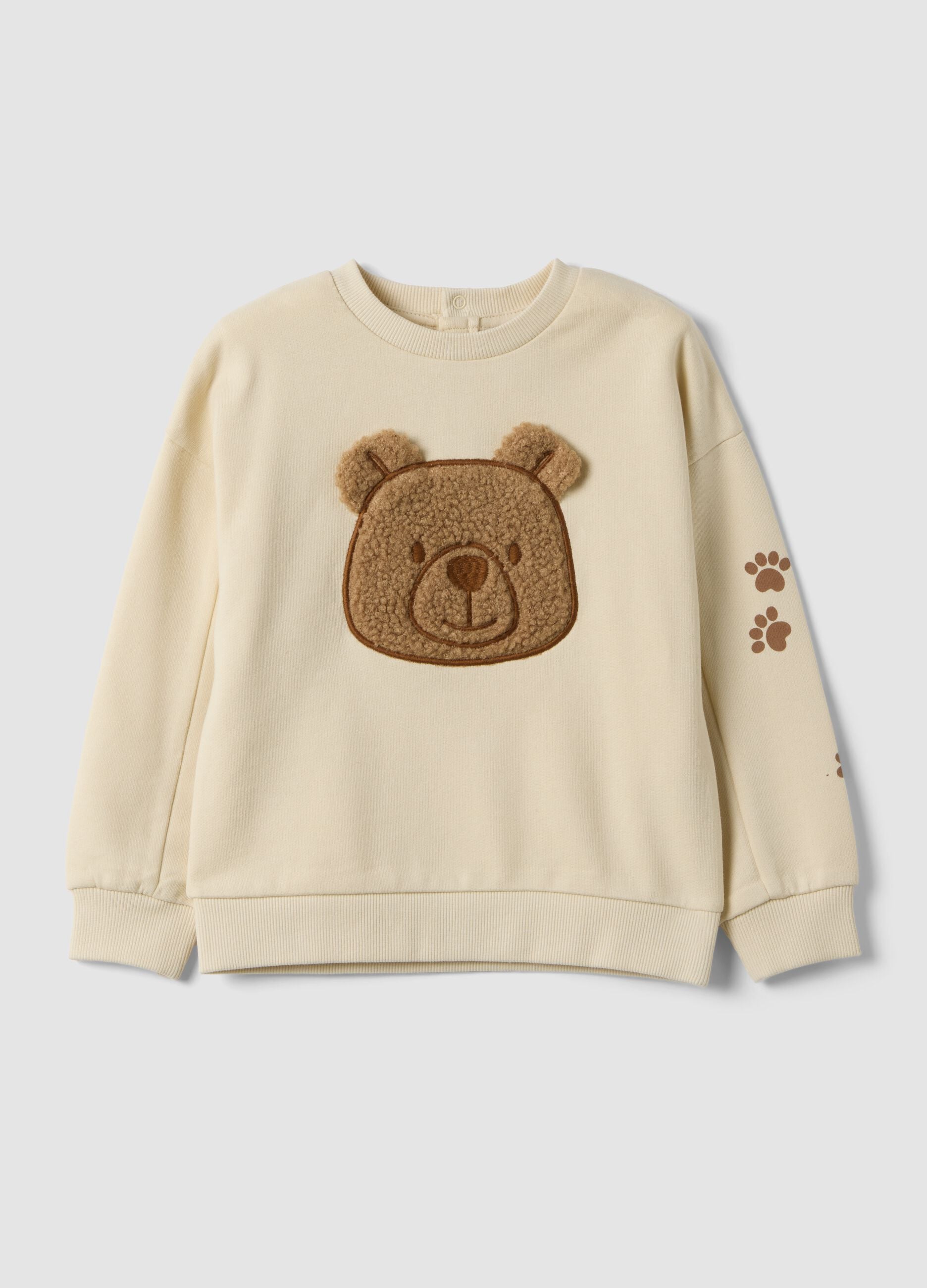 Beige pure cotton crew-neck sweatshirt with teddy bear