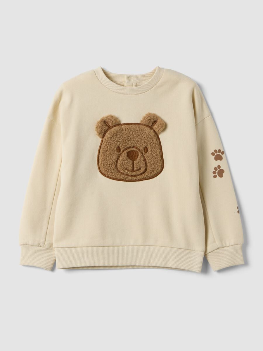 Beige pure cotton crew-neck sweatshirt with teddy bear_0